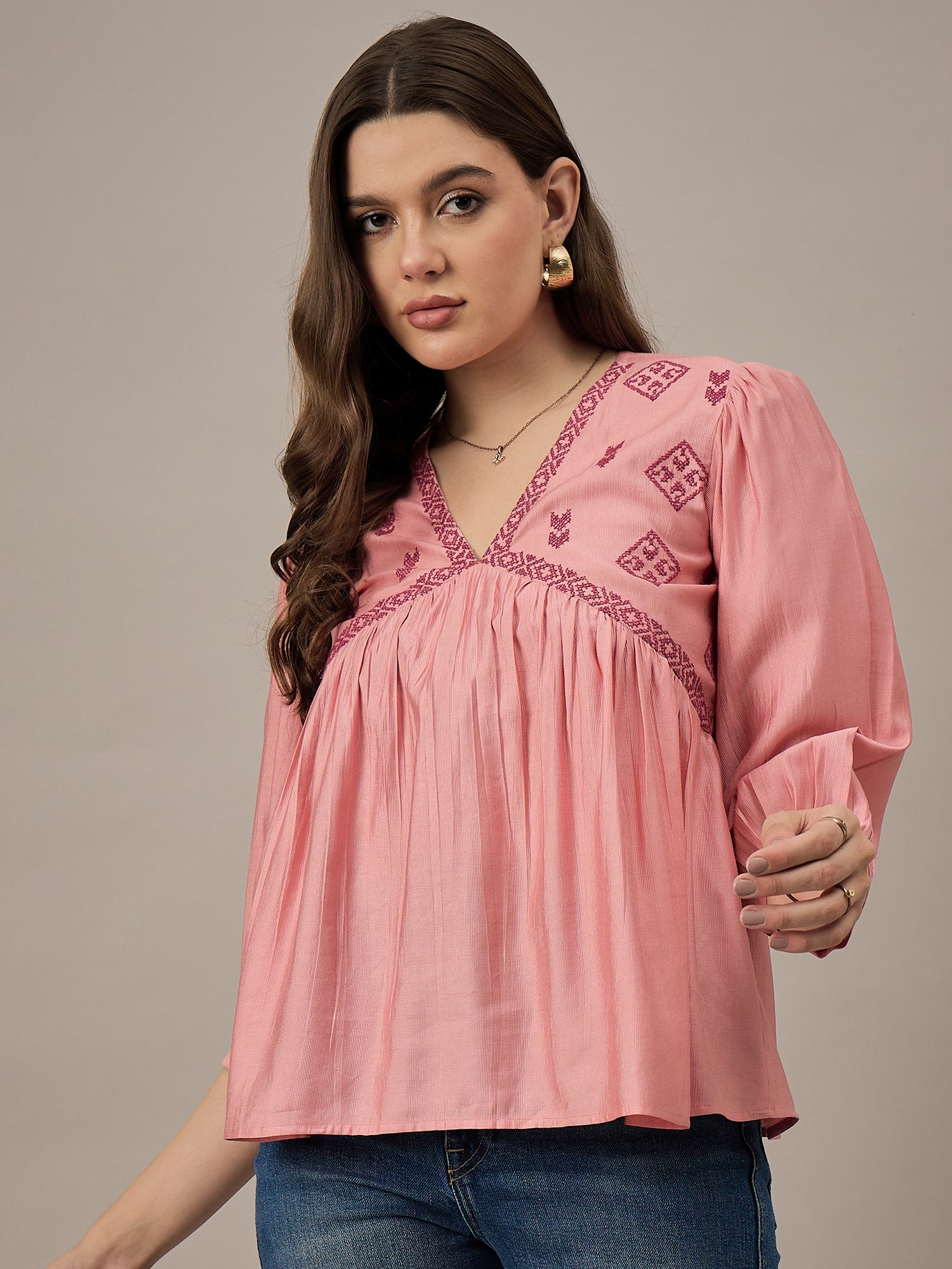 Light Pink Embroidered Flared Top