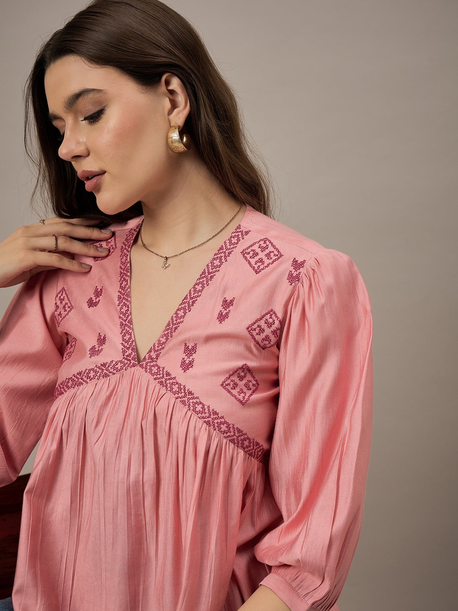 Light Pink Embroidered Flared Top