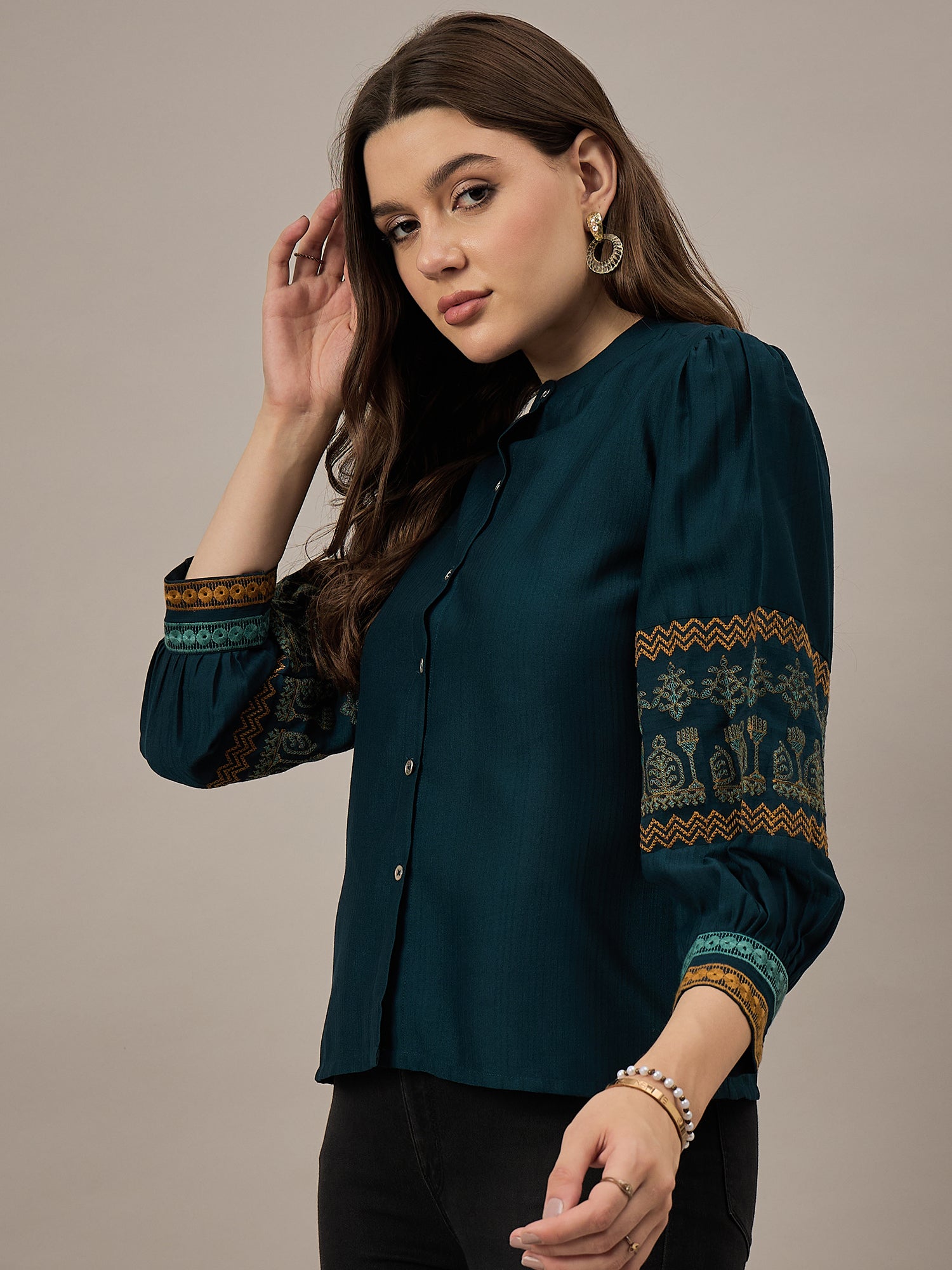 Peacock Blue Embroidered Sleeve Top