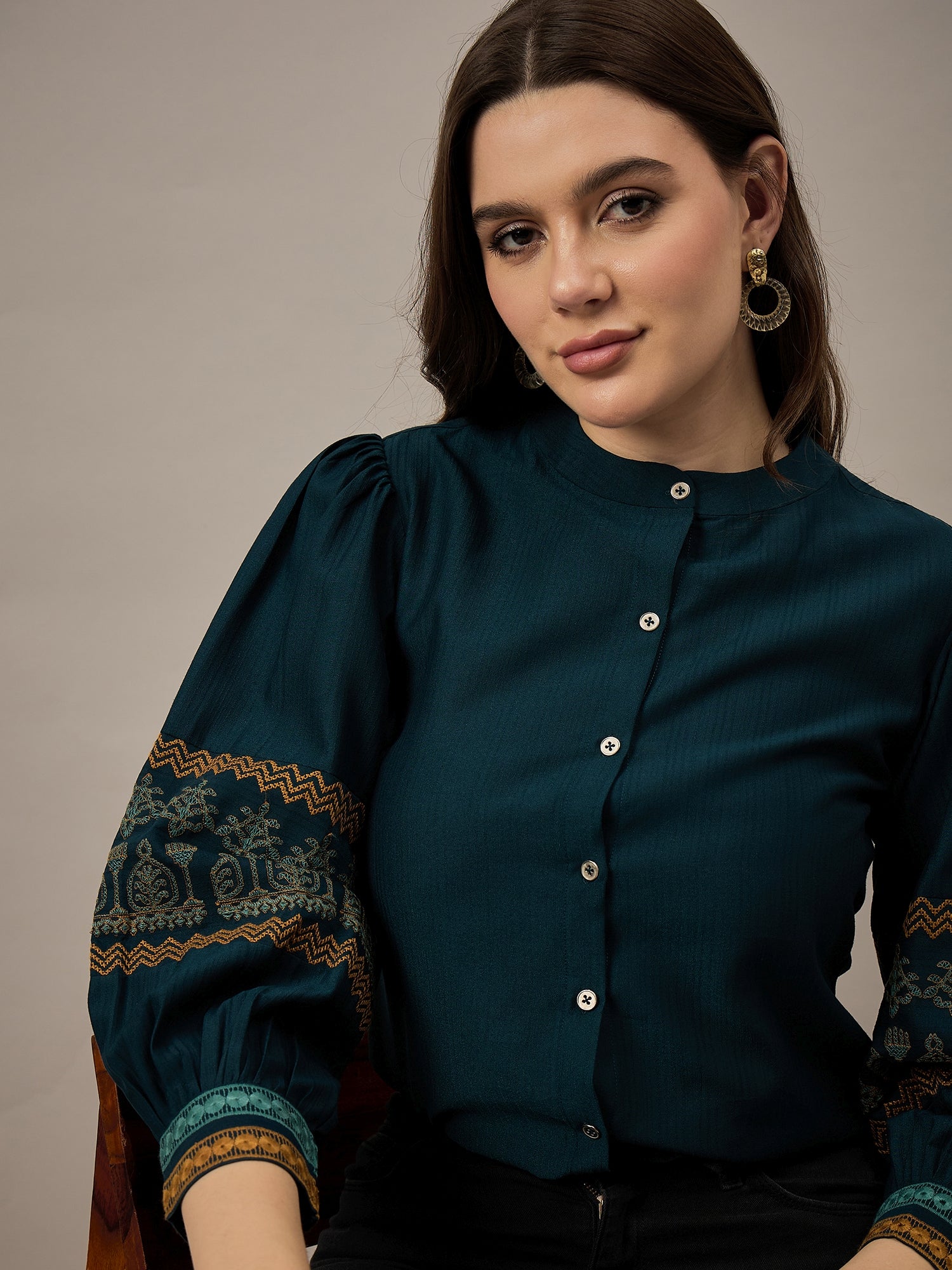 Peacock Blue Embroidered Sleeve Top