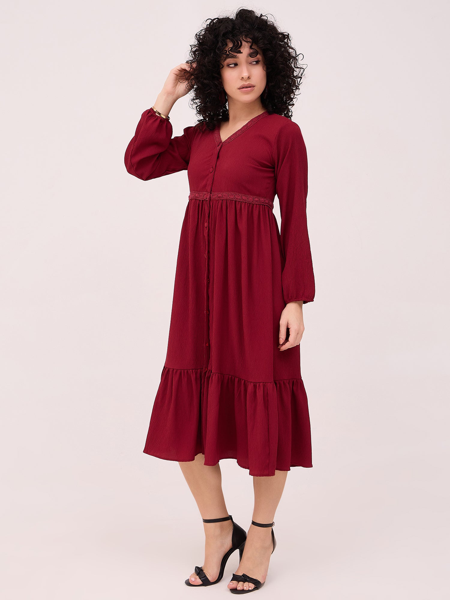 Maroon Textured Tiered Dress