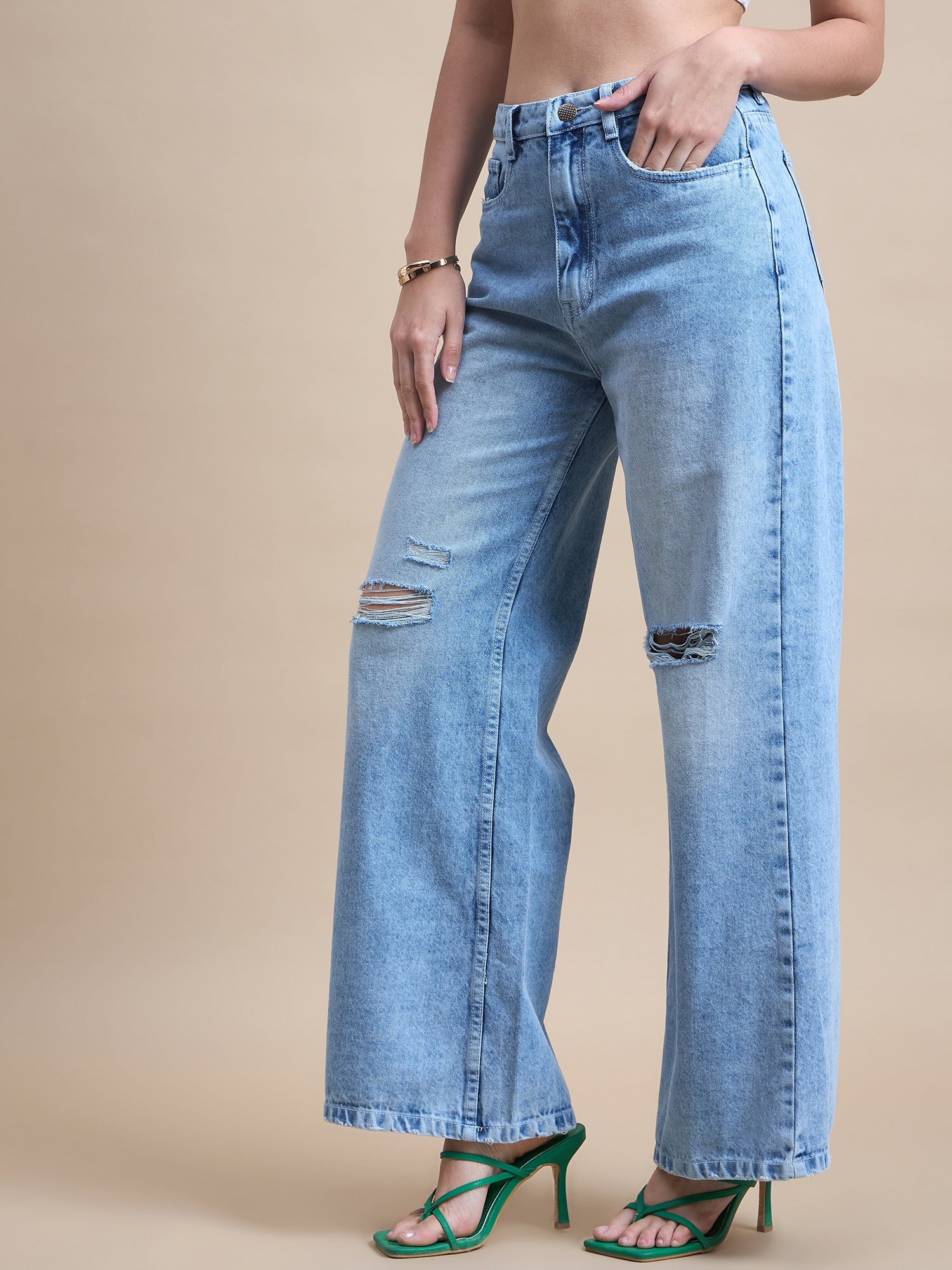 Light Blue Wide Leg Distressed Jeans