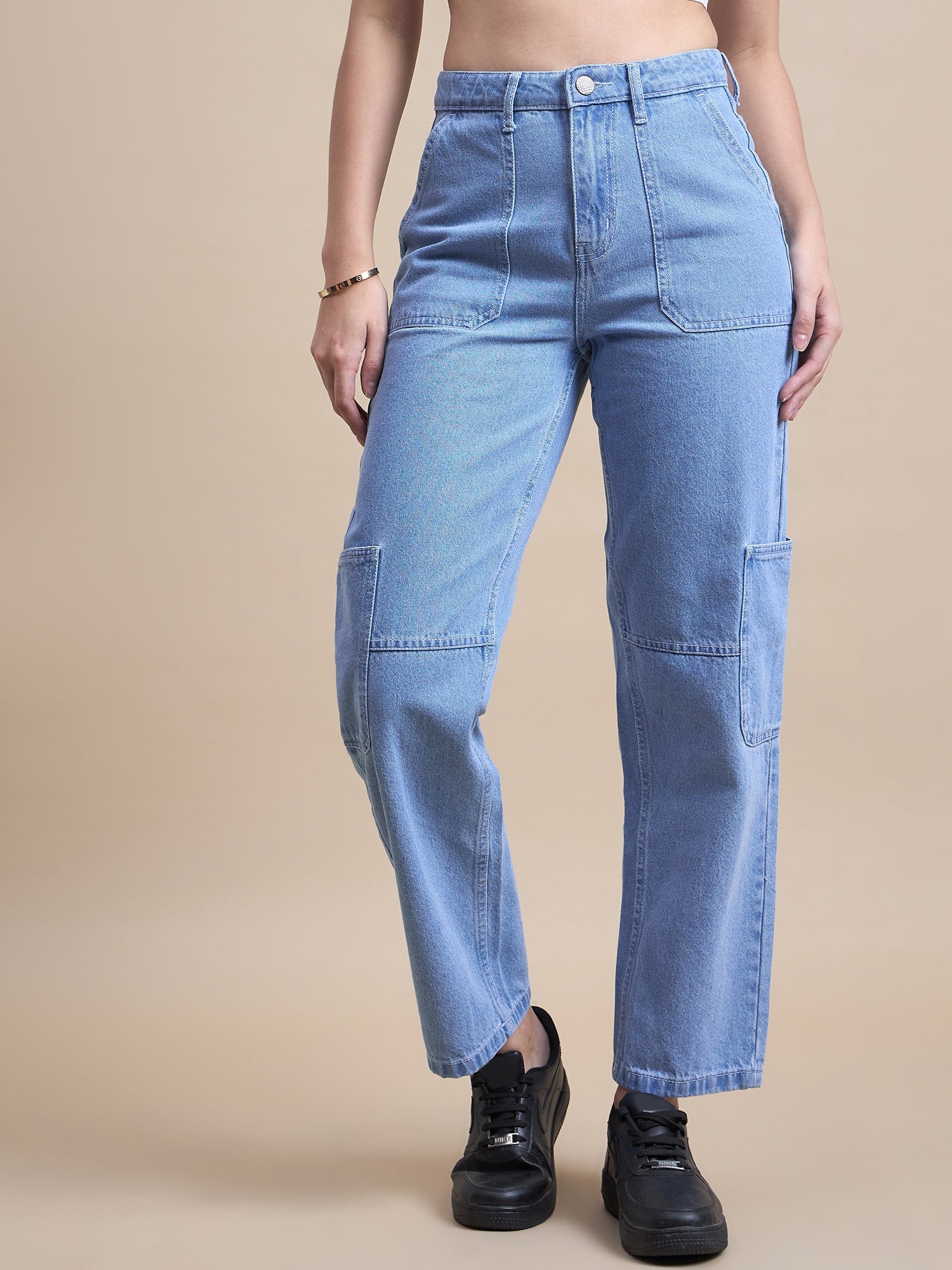 Light Blue High-Rise Mom Fit Cargo Style Jeans