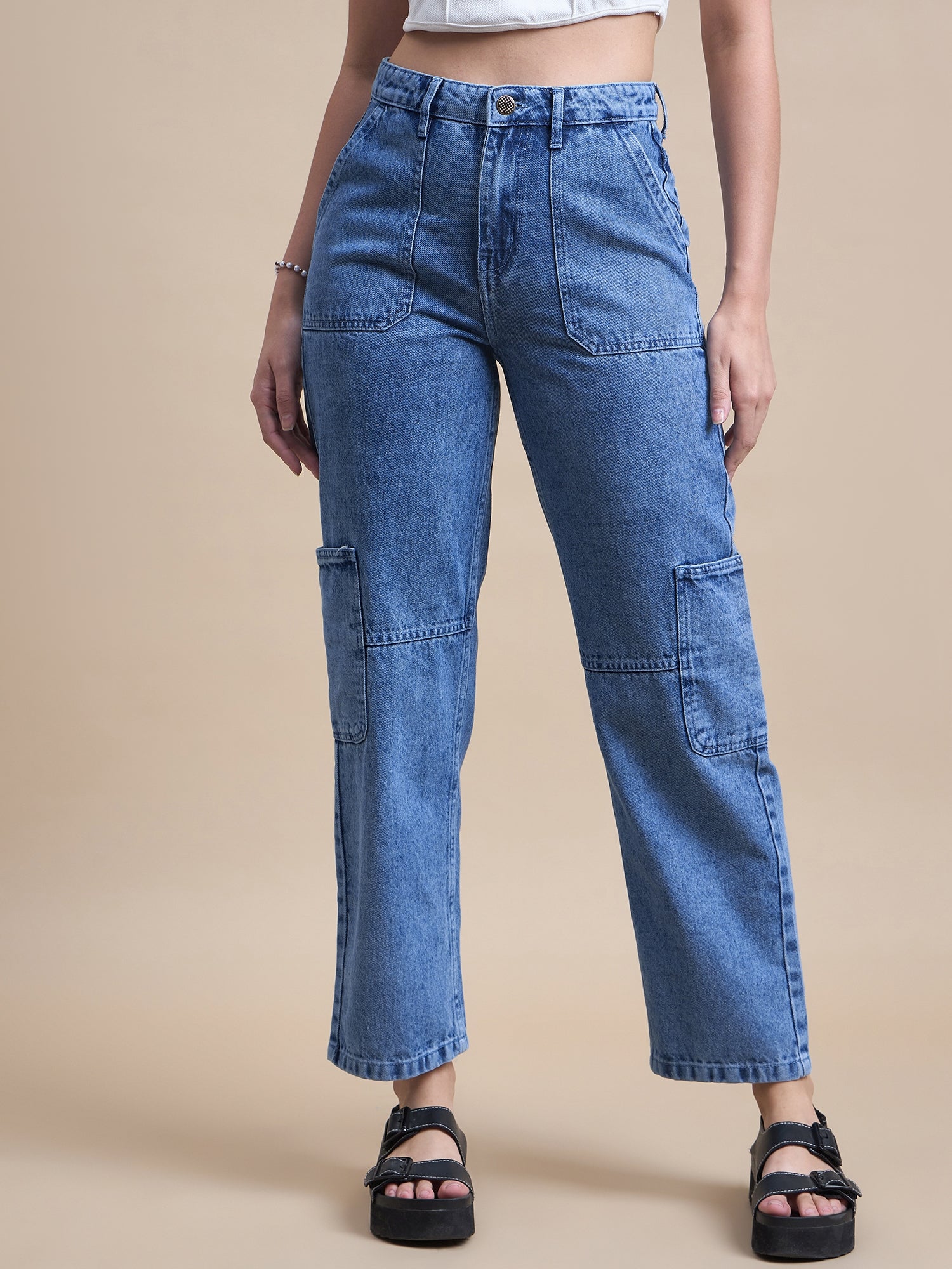 Blue High-Rise Mom Fit Cargo Style Jeans