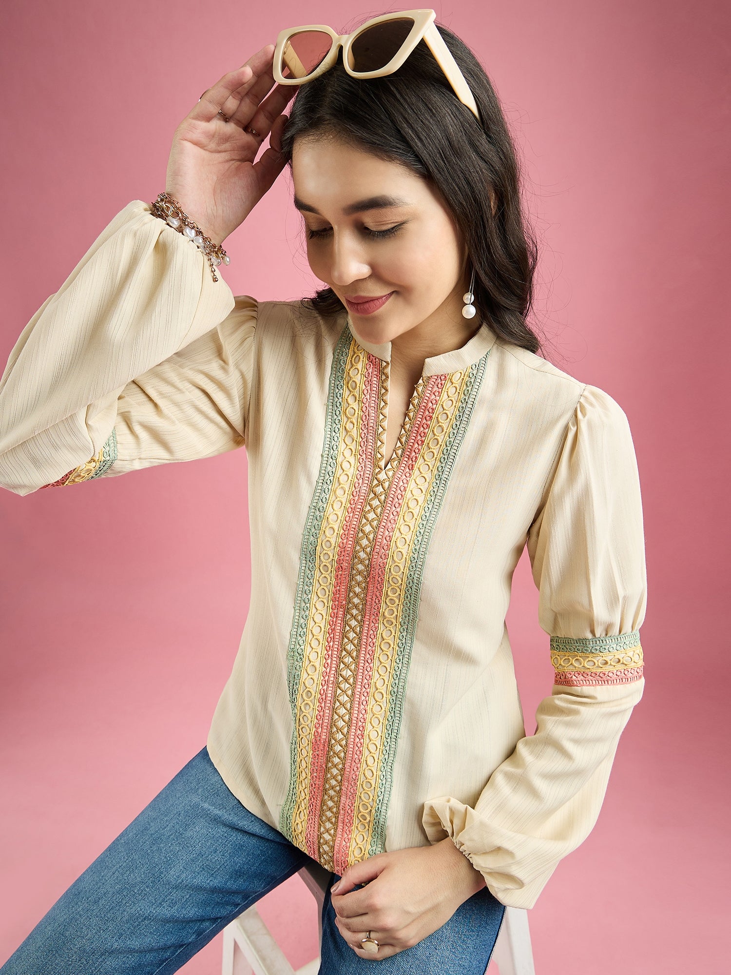 Beige Embroidered Top