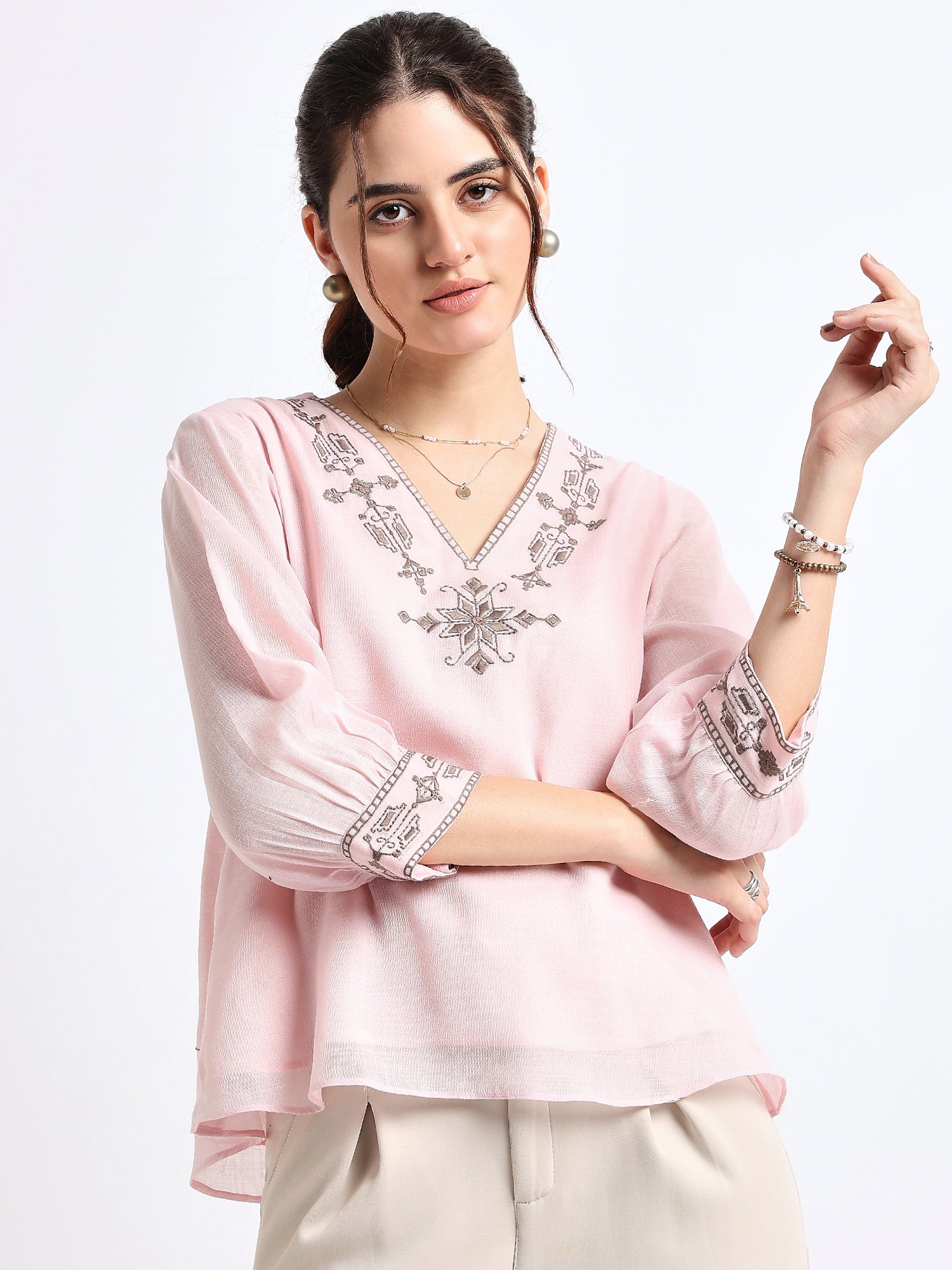 Pink Linen Embroidered Top