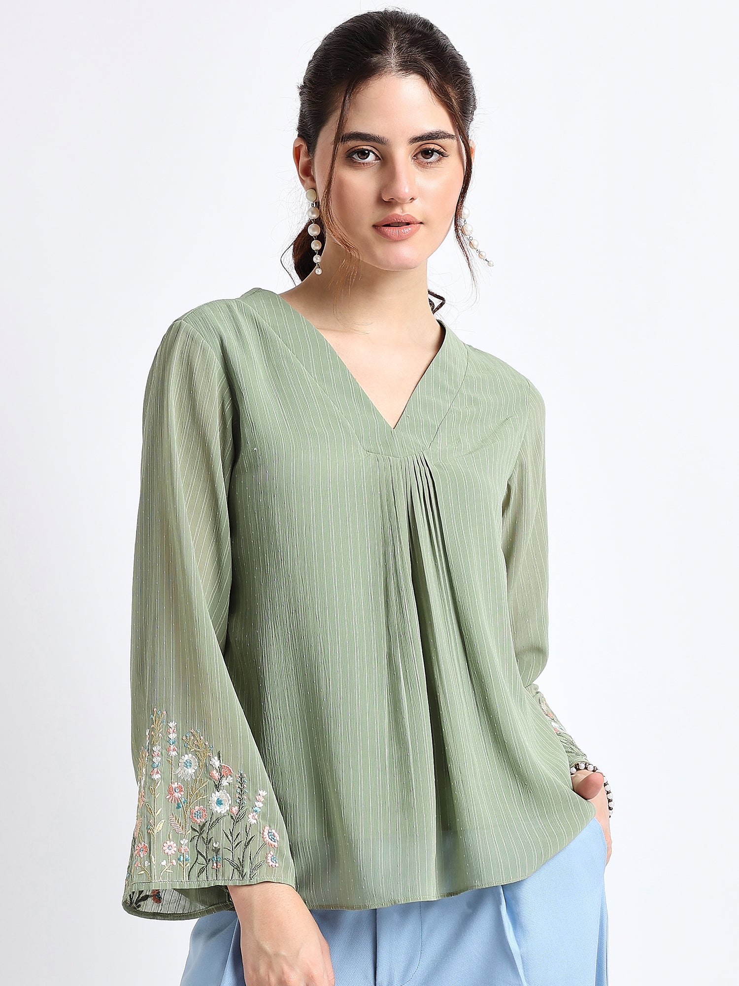 Green Embroidered Georgette Blouse