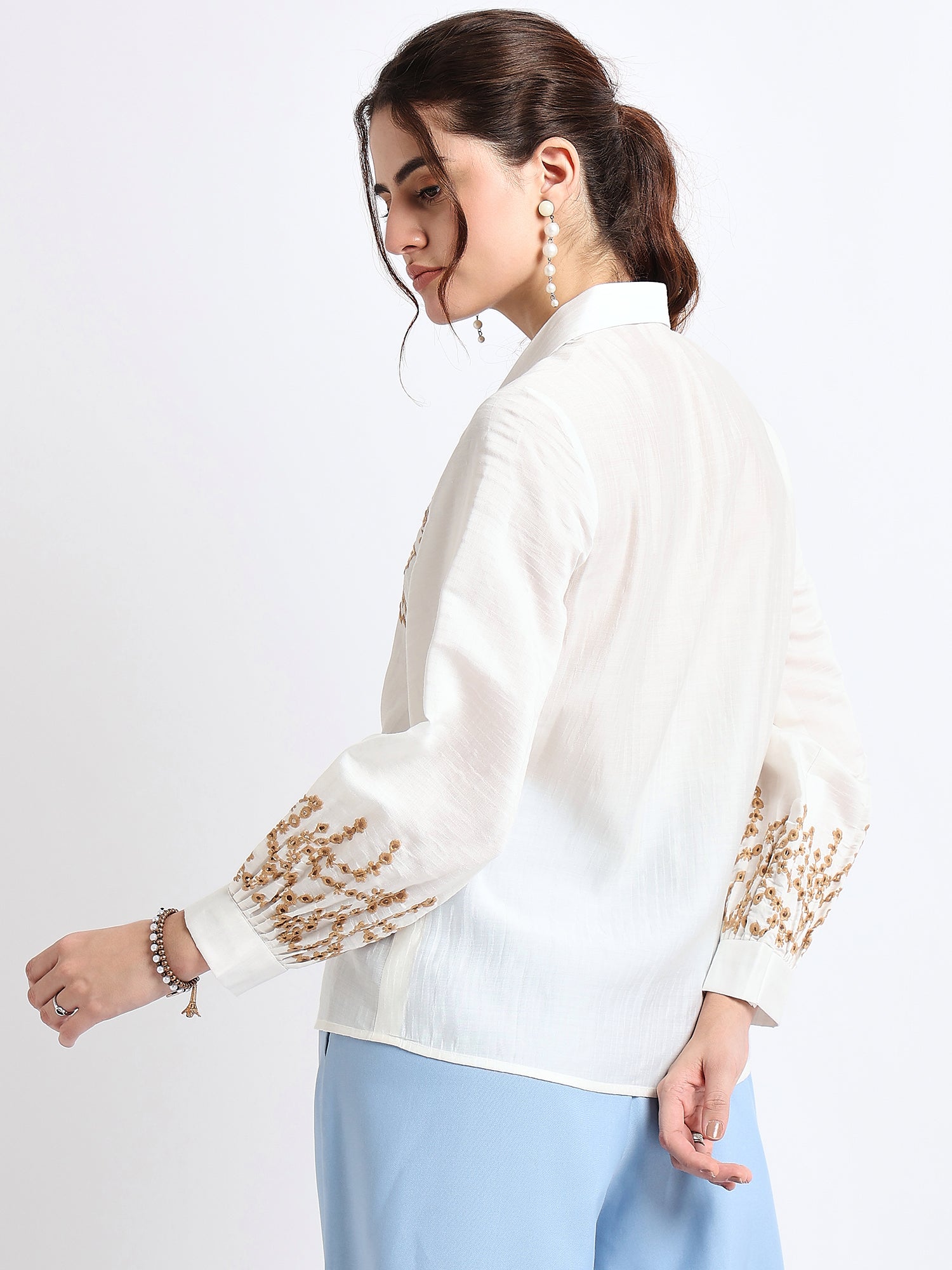 Beige Floral Embroidered Shirt