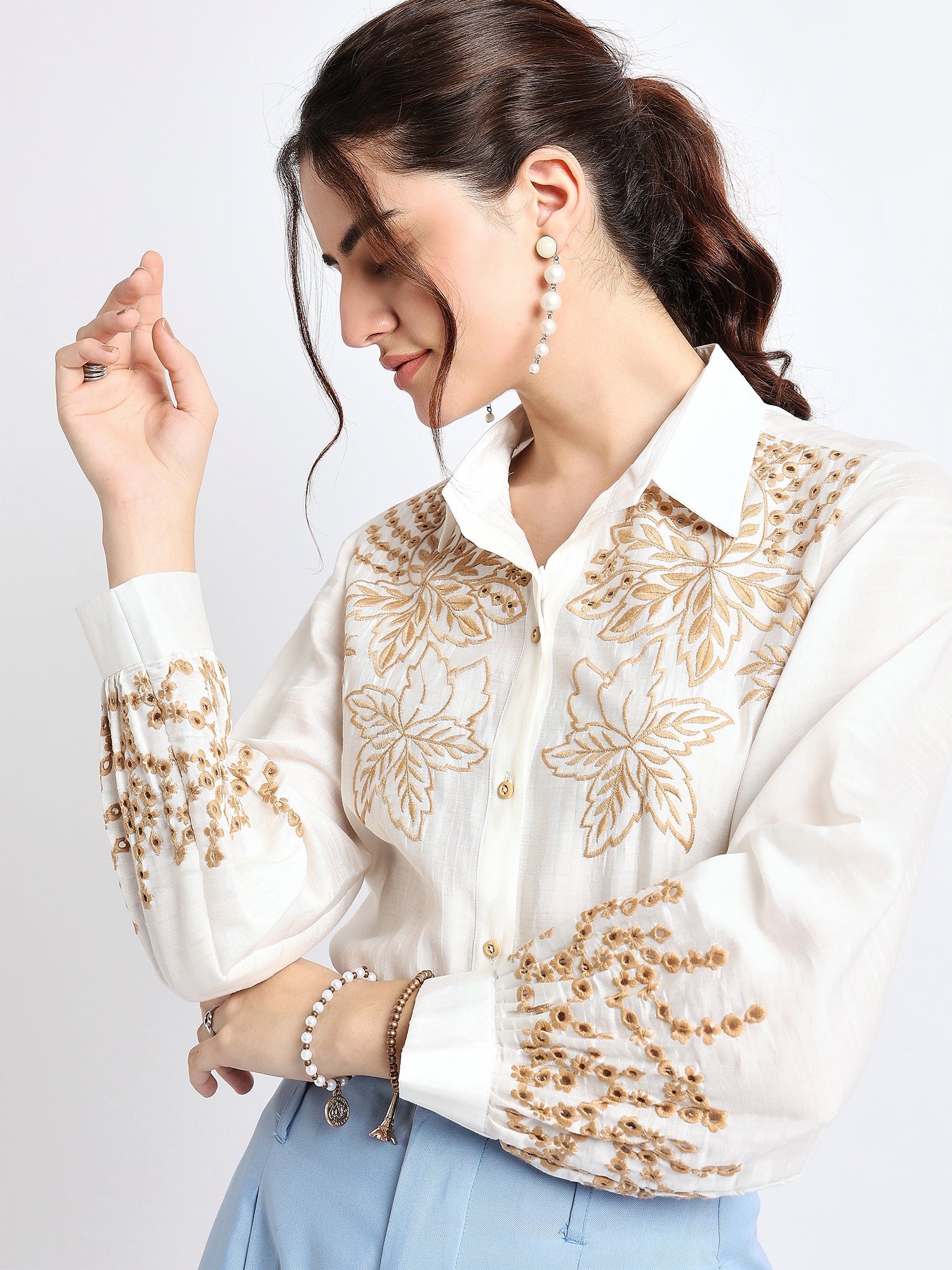 Beige Floral Embroidered Shirt