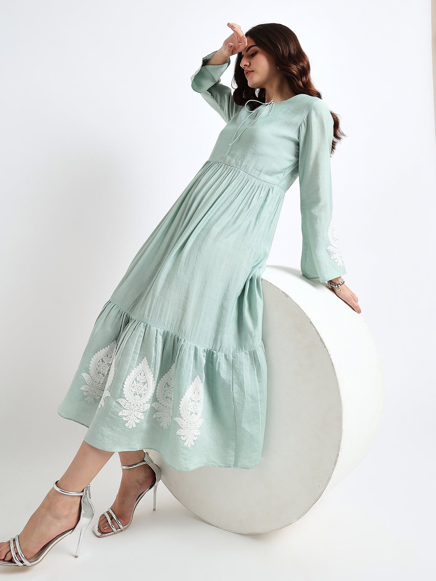 Green Embroidered Tiered Midi Dress