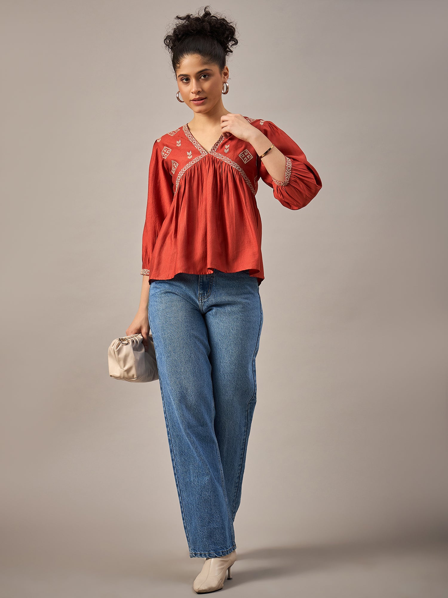 Rust Embroidered Flared Top