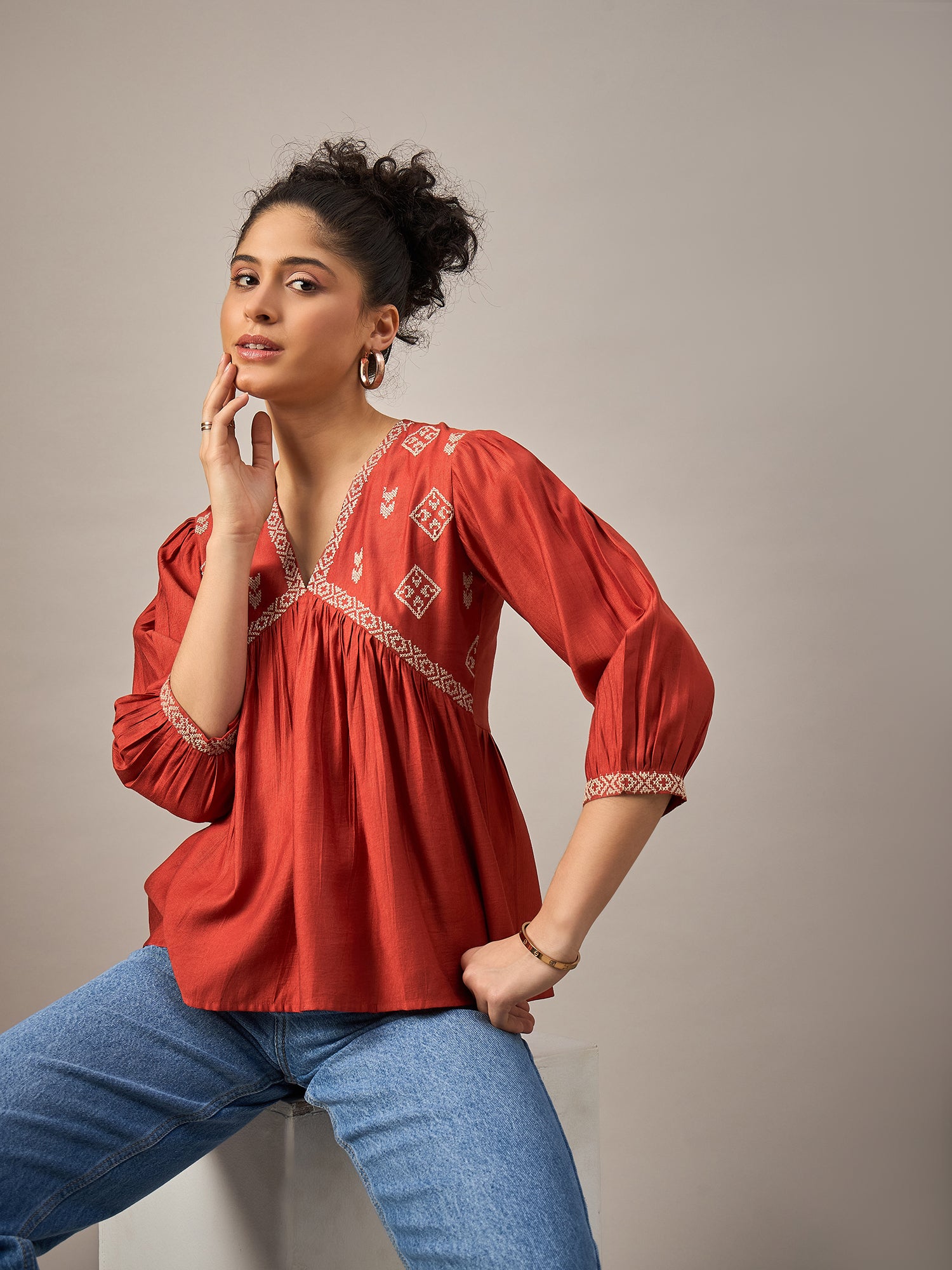 Rust Embroidered Flared Top