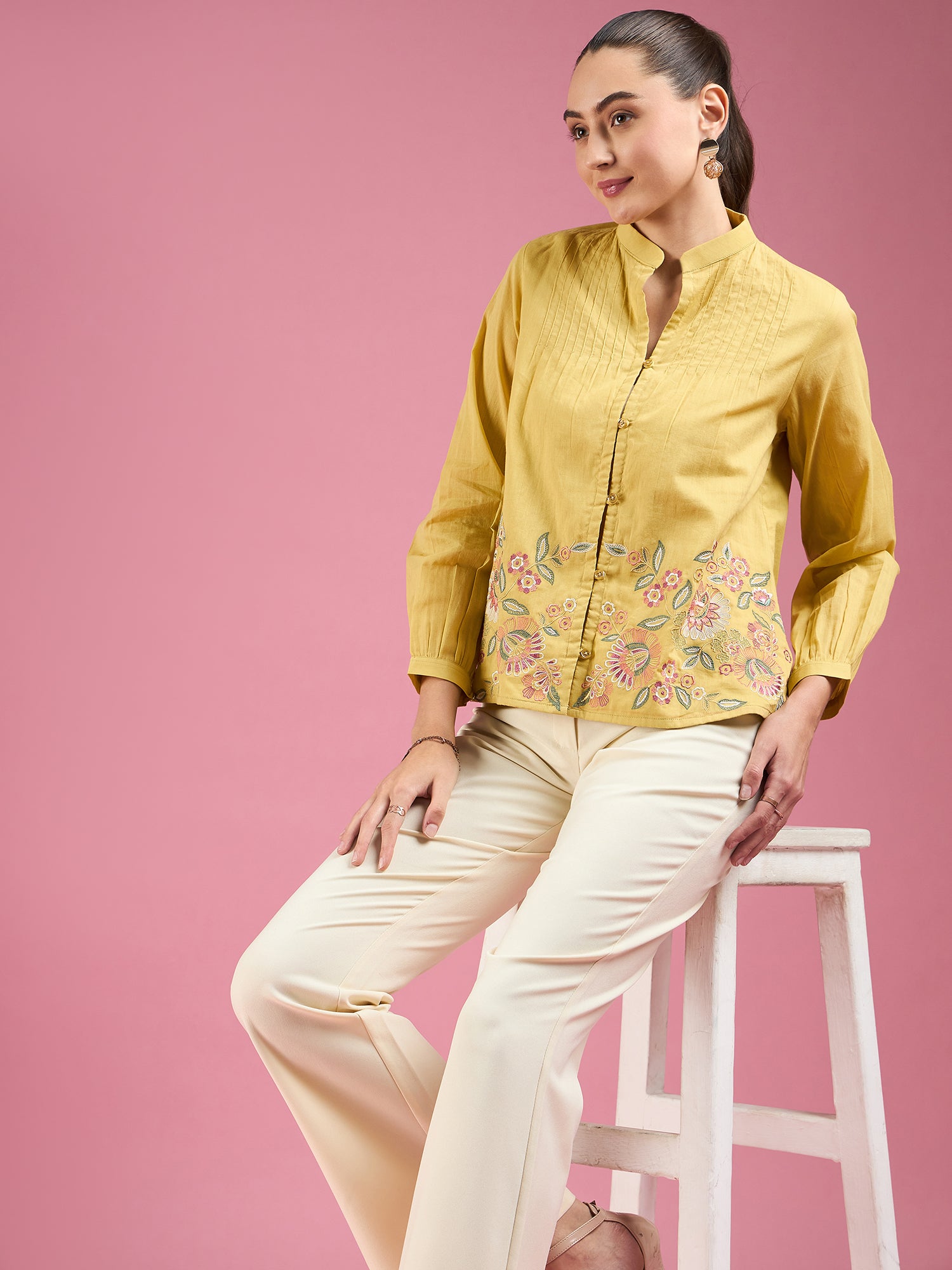 Yellow Cotton Embroidered Top