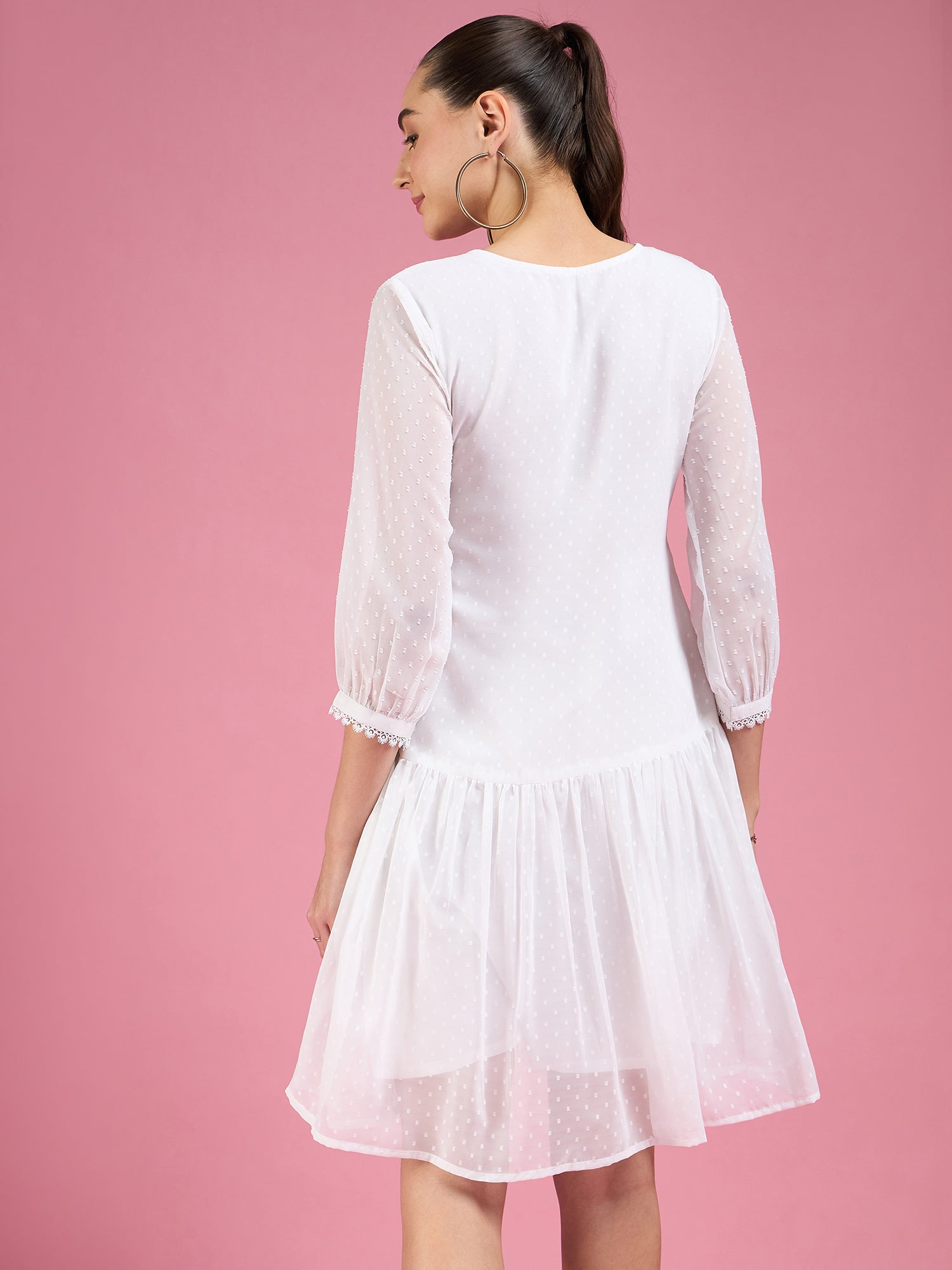 White Dobby Embroidered Tiered Dress