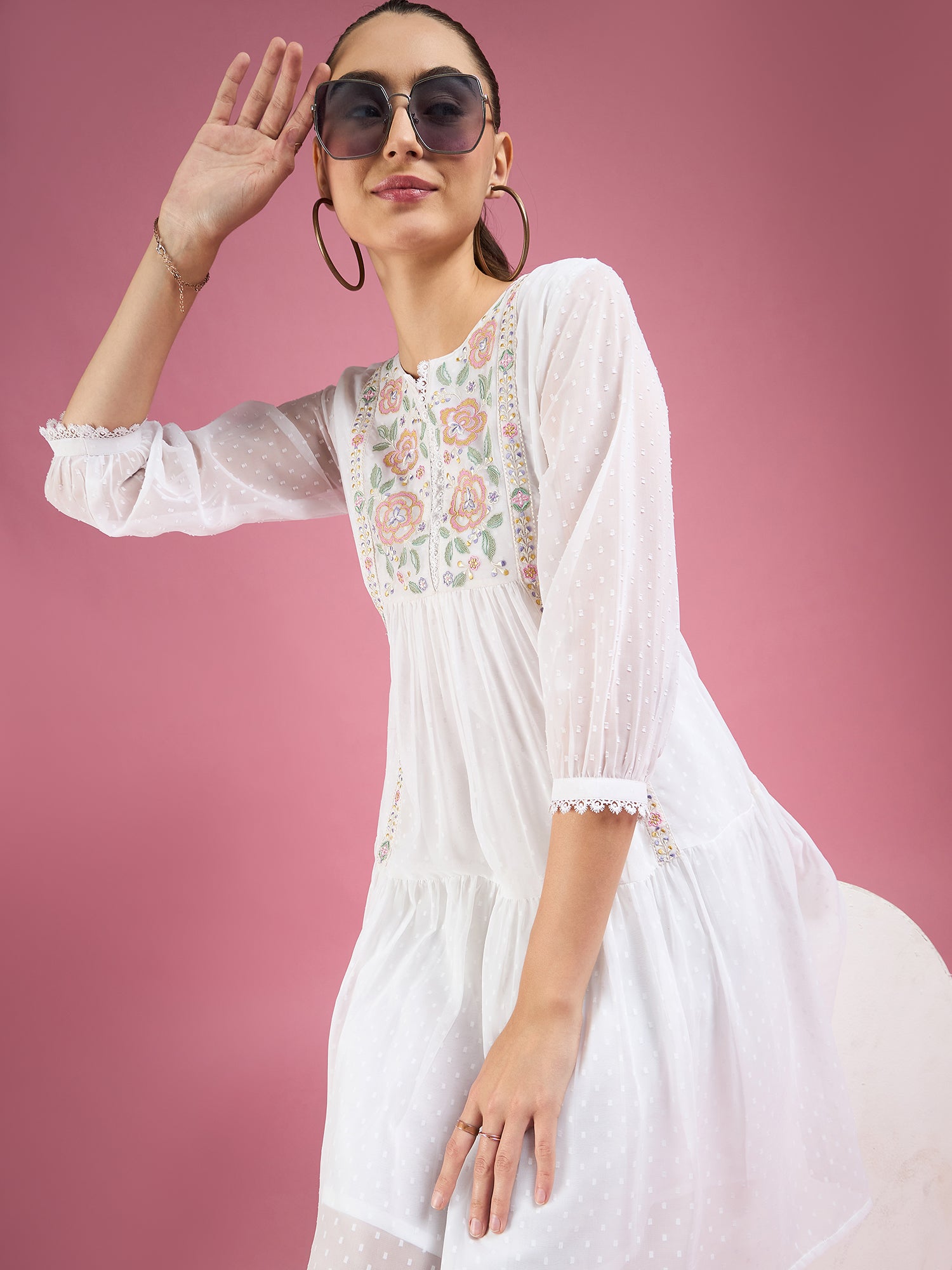 White Dobby Embroidered Tiered Dress