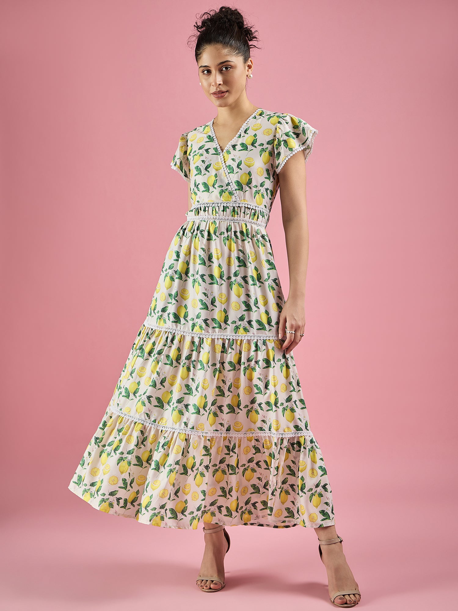 Off White Tropical Print Tiered Dress