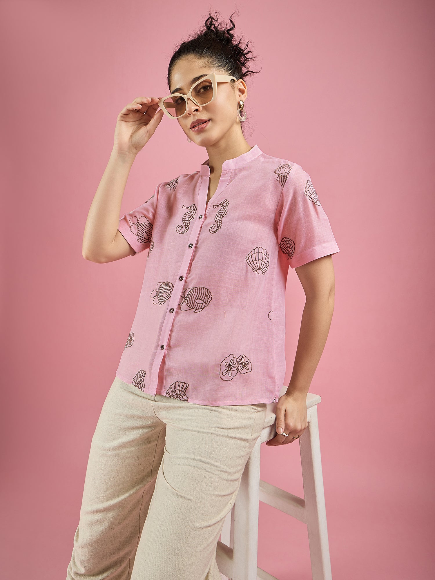 Pink Linen Tropical Embroidered Shirt