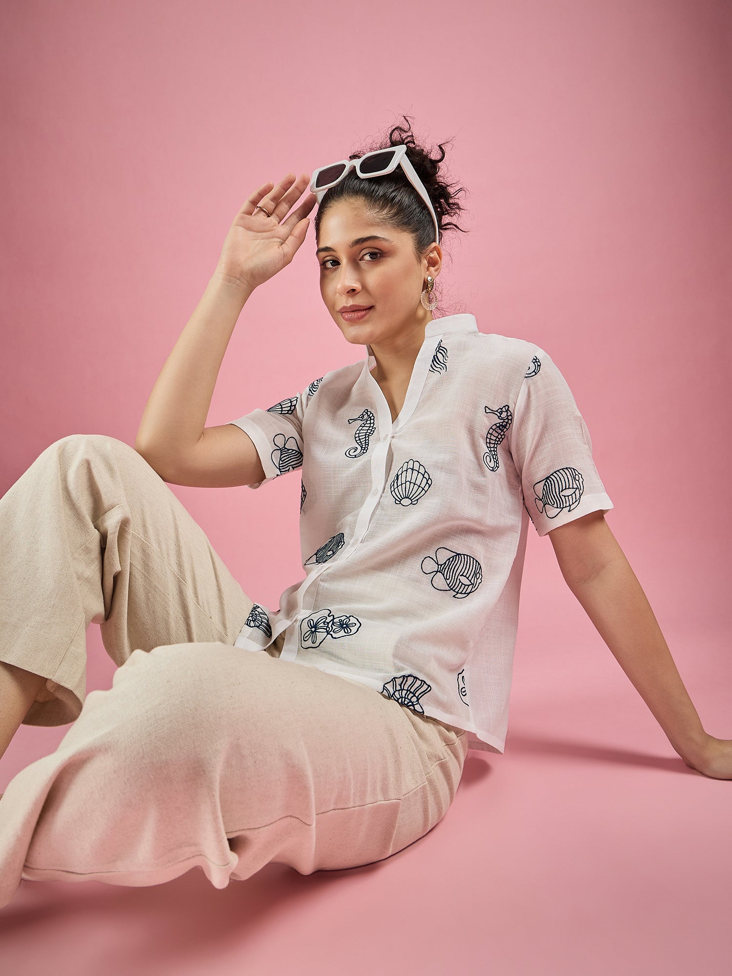 White Linen Tropical Embroidered Shirt