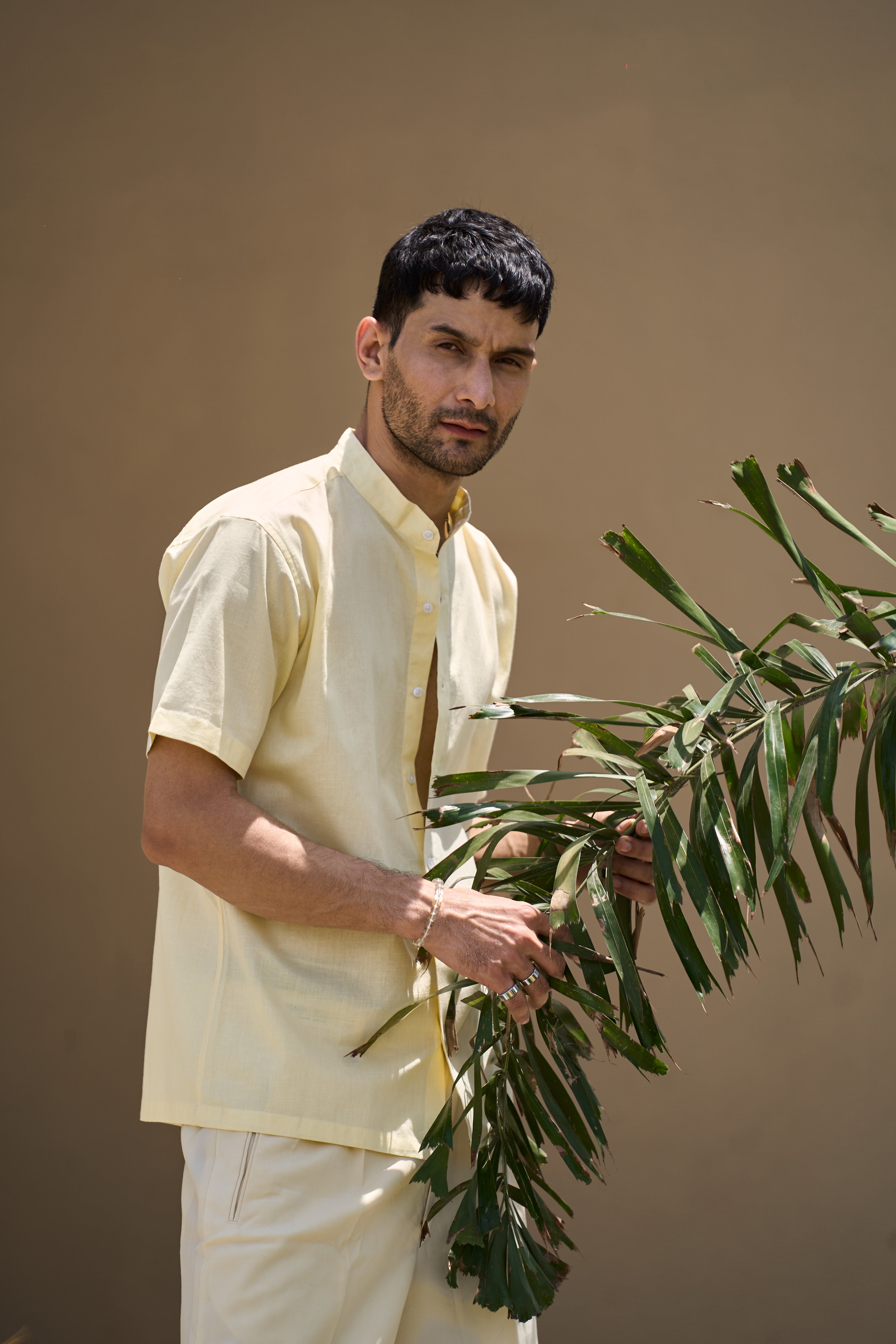 Citrine yellow  Mandarin Collar Linen Shirt