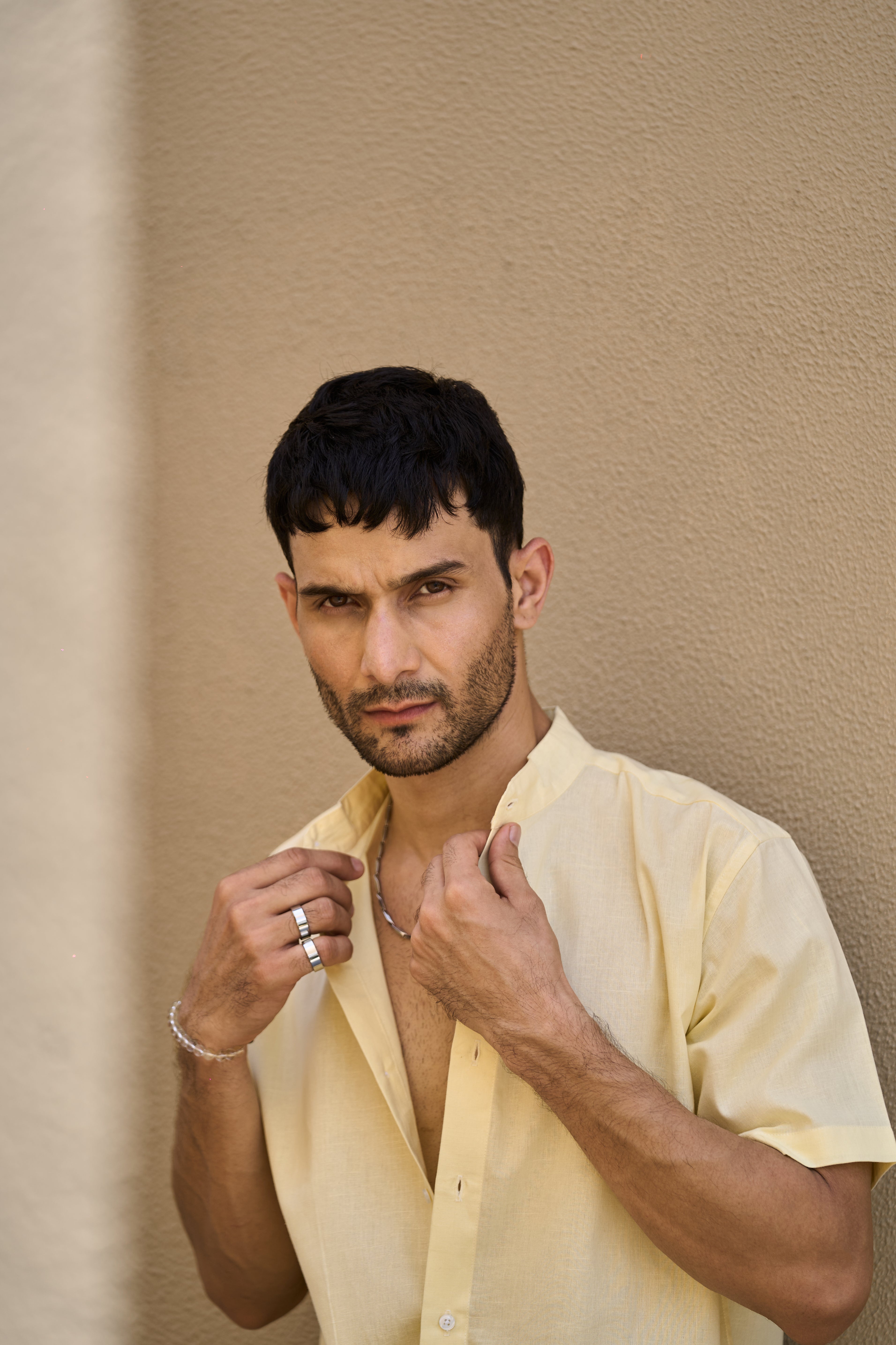 Citrine yellow  Mandarin Collar Linen Shirt