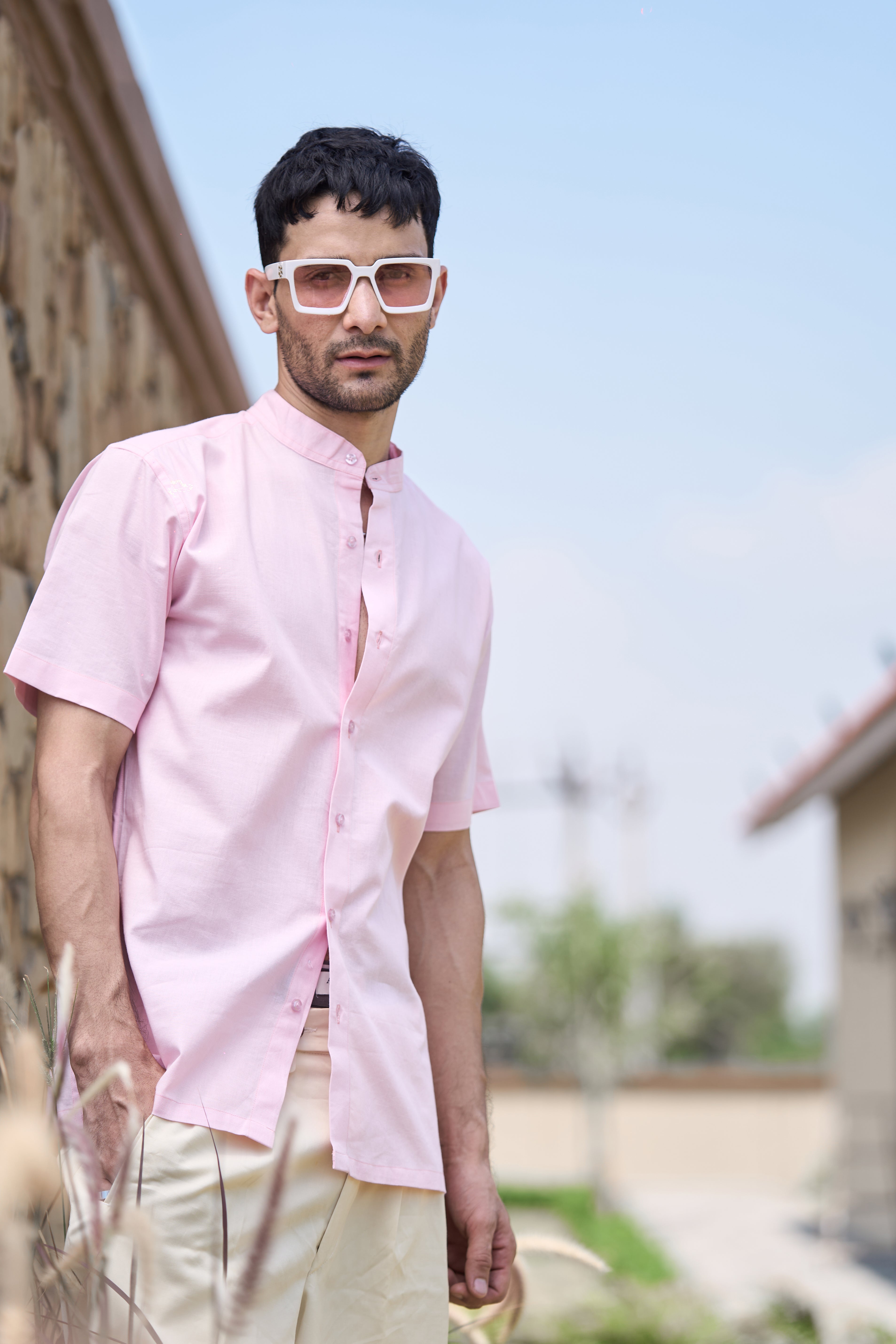 Light Pink  Mandarin Collar Linen Shirt