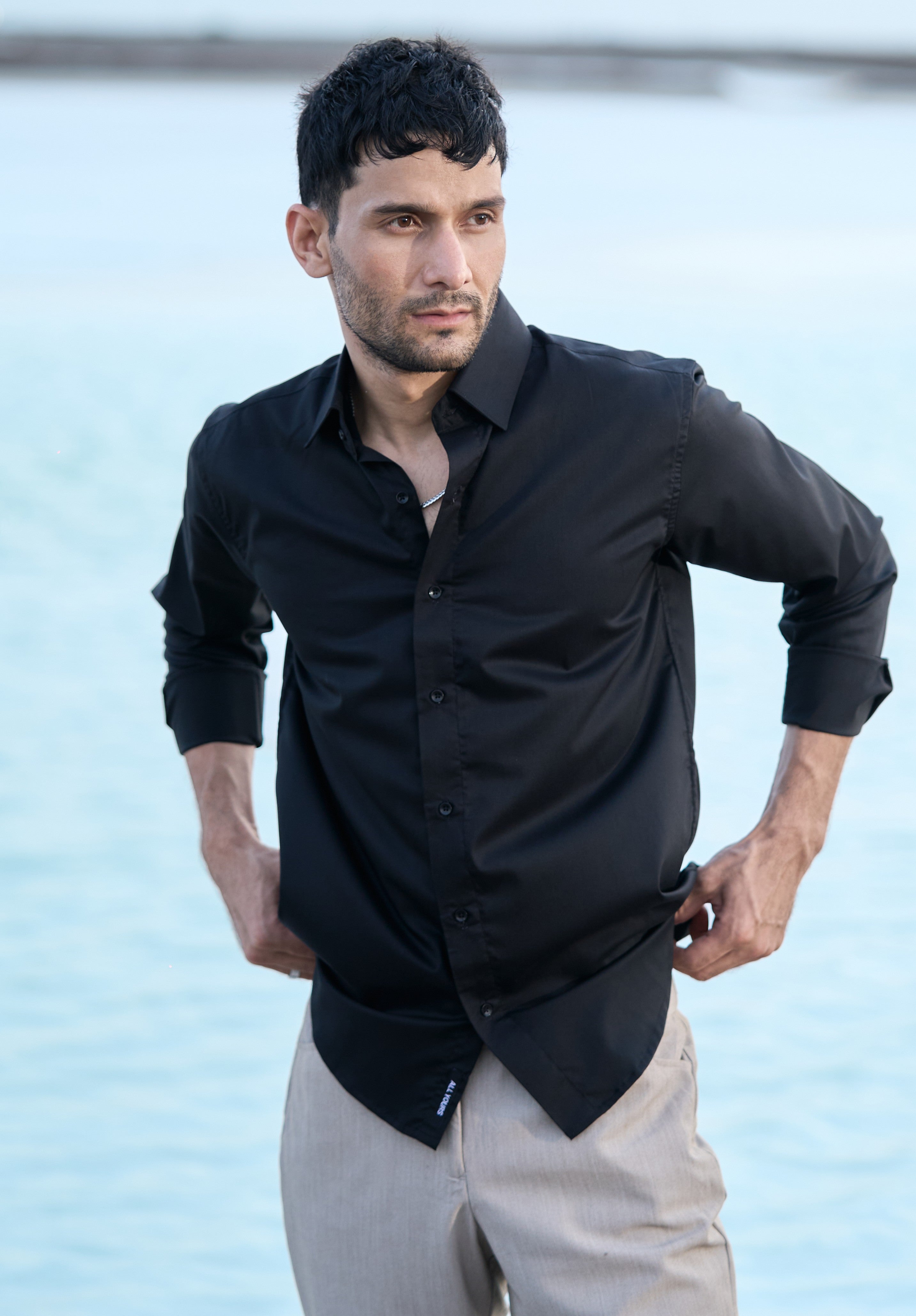 Carbon Black Plain Stretch Cotton Shirt