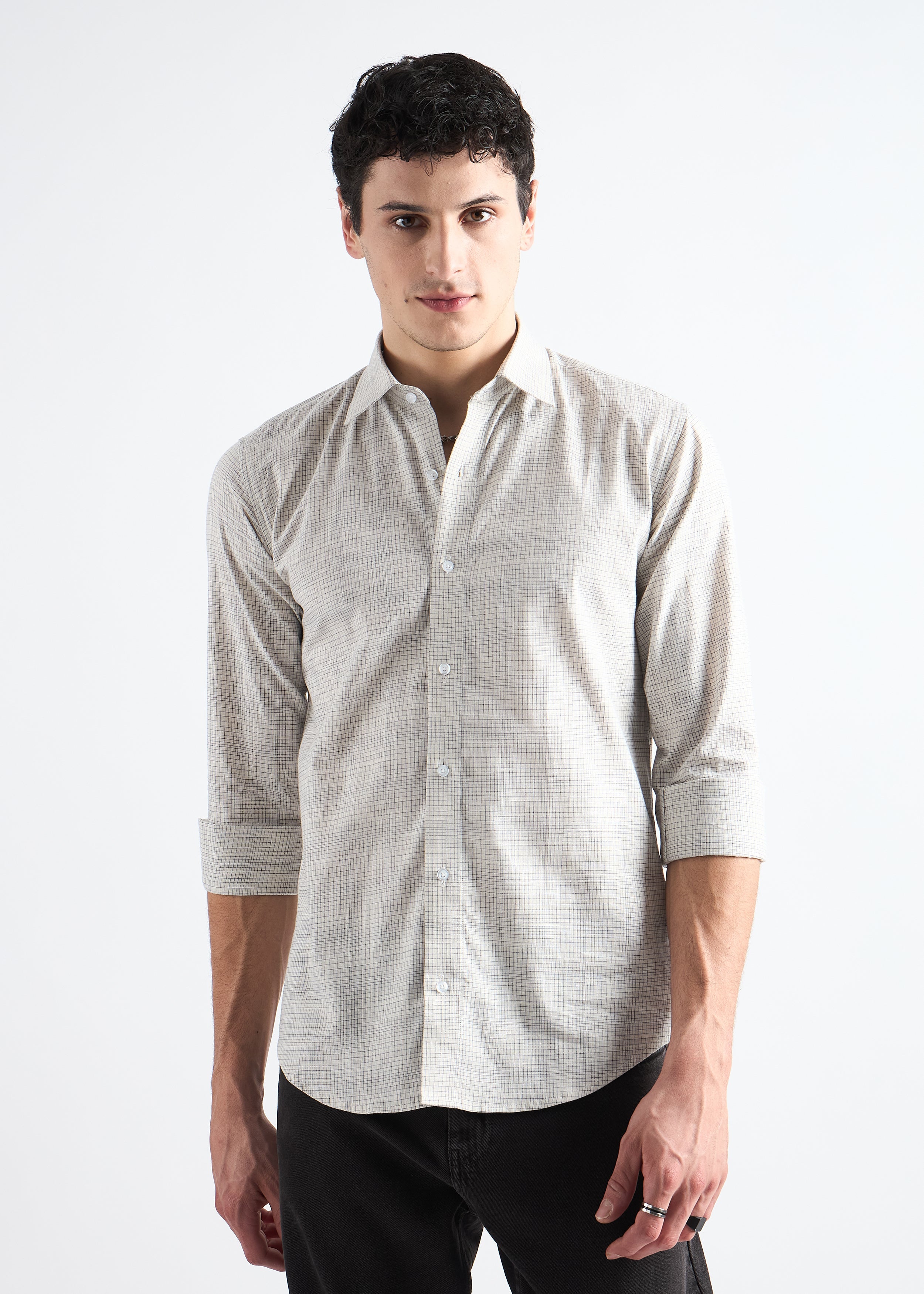 Beige Premium Cotton Check Shirt