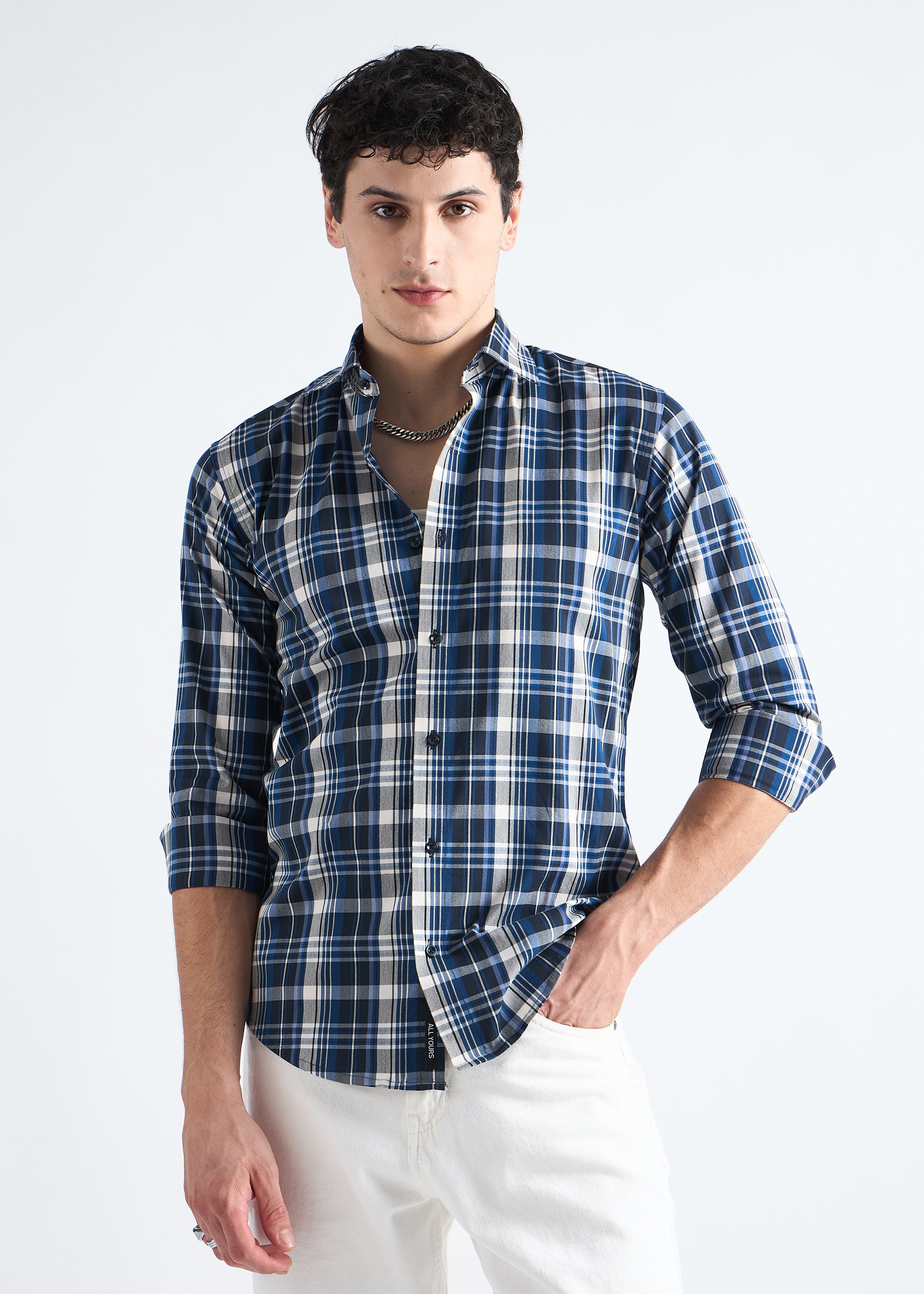 Dark Blue Premium Cotton Check Shirt