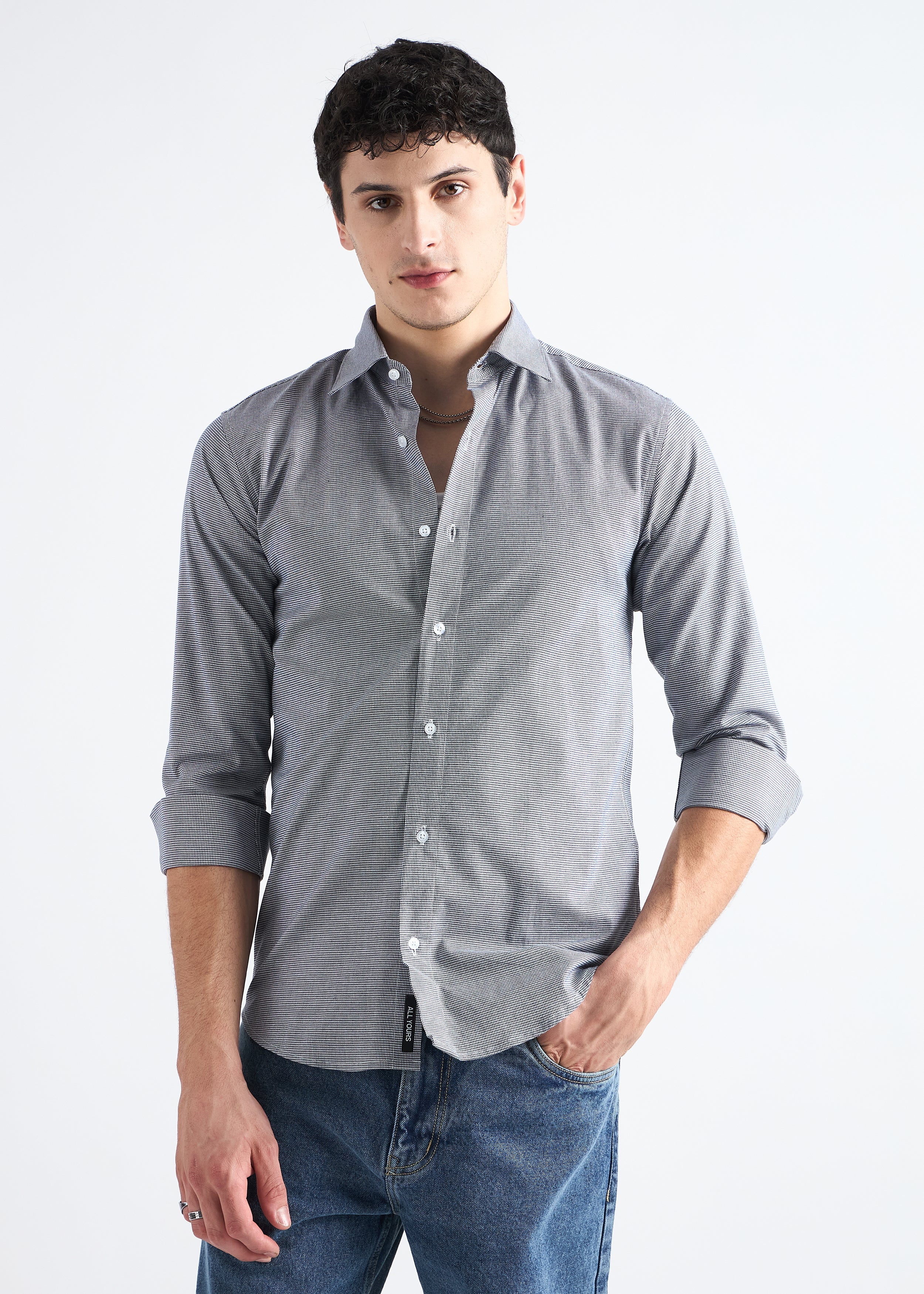 Granite Grey Houndstooth Checked Cotton Shirt