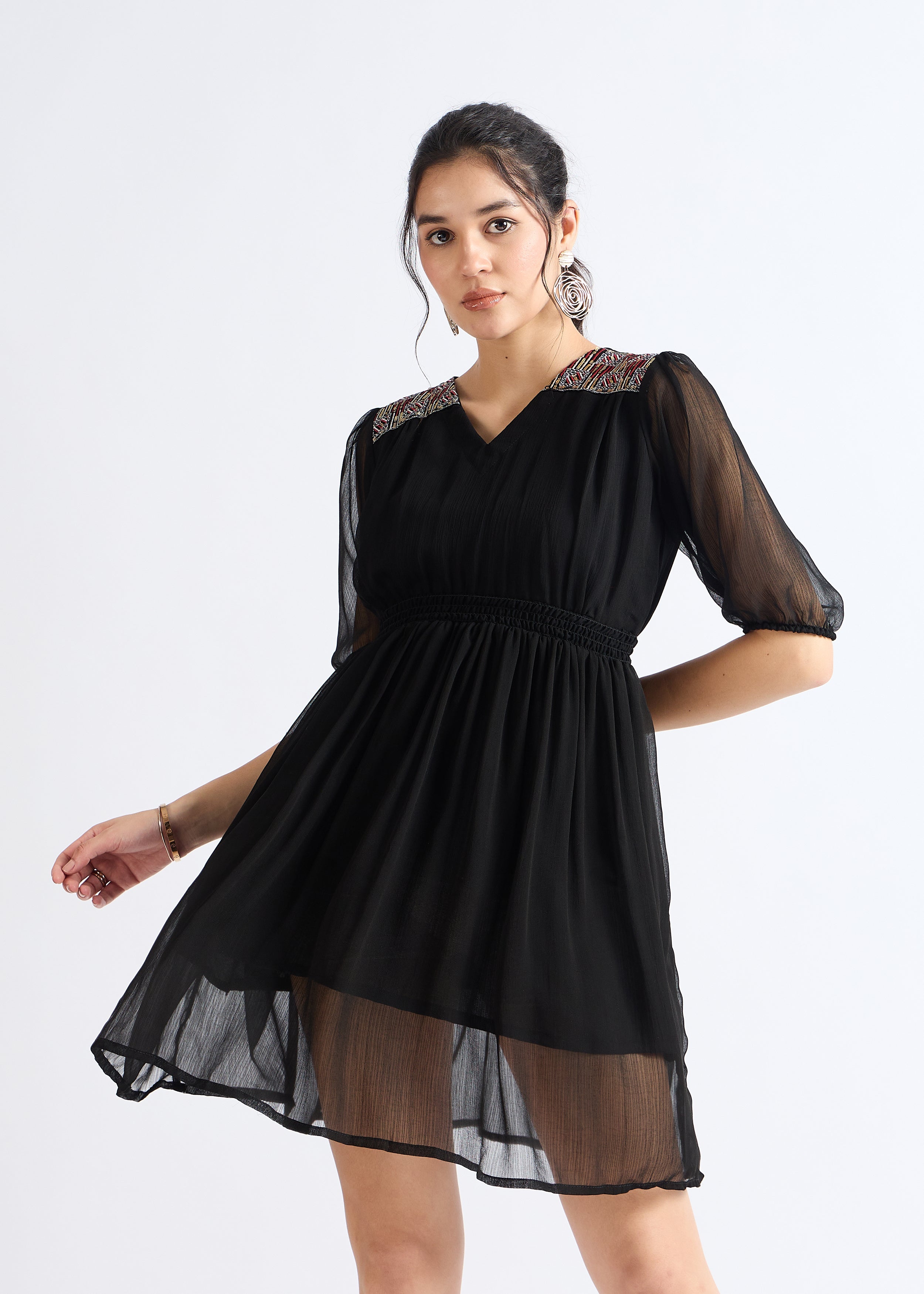 Smoky Black Embellished Georgette Mini Dress