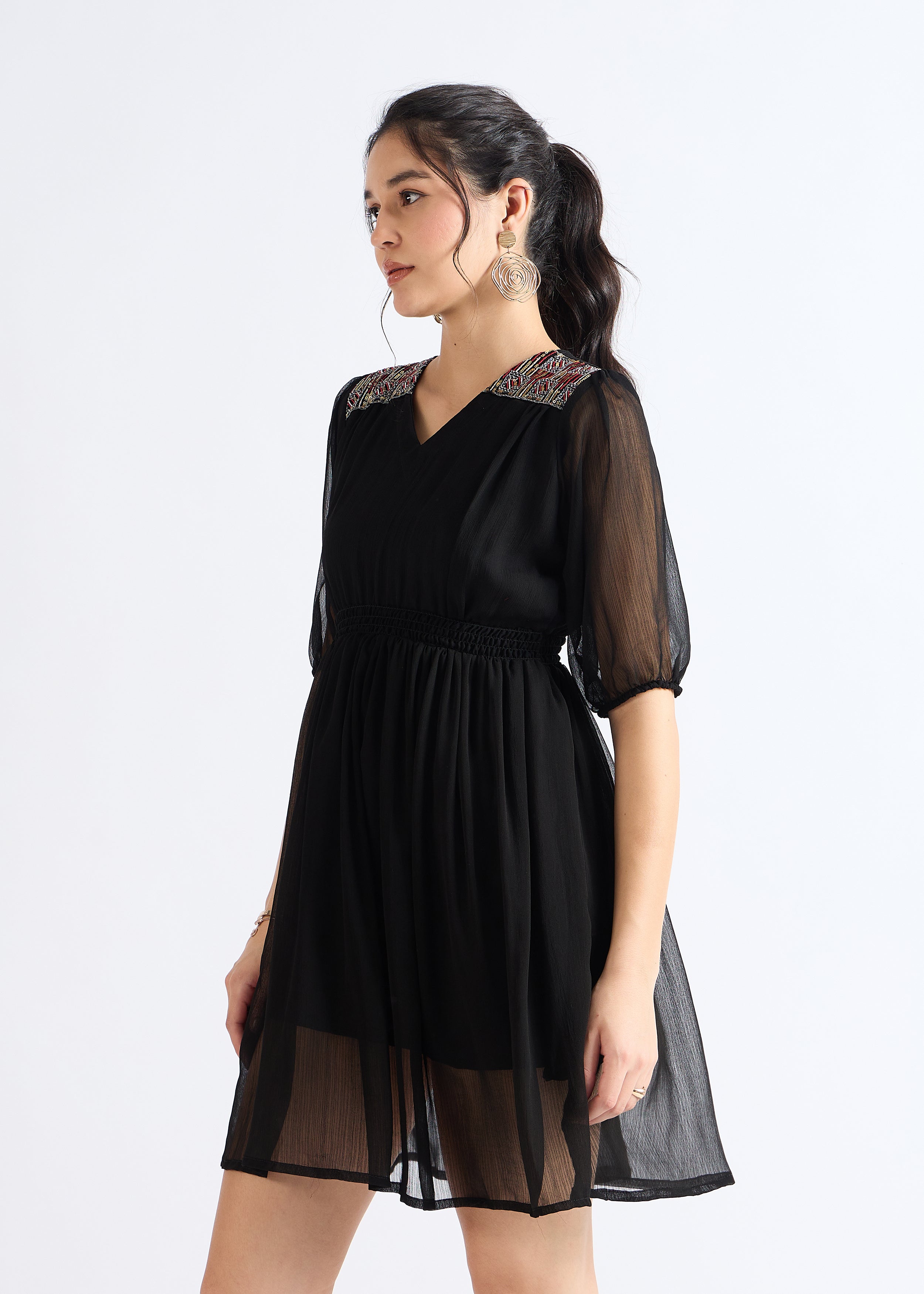 Smoky Black Embellished Georgette Mini Dress