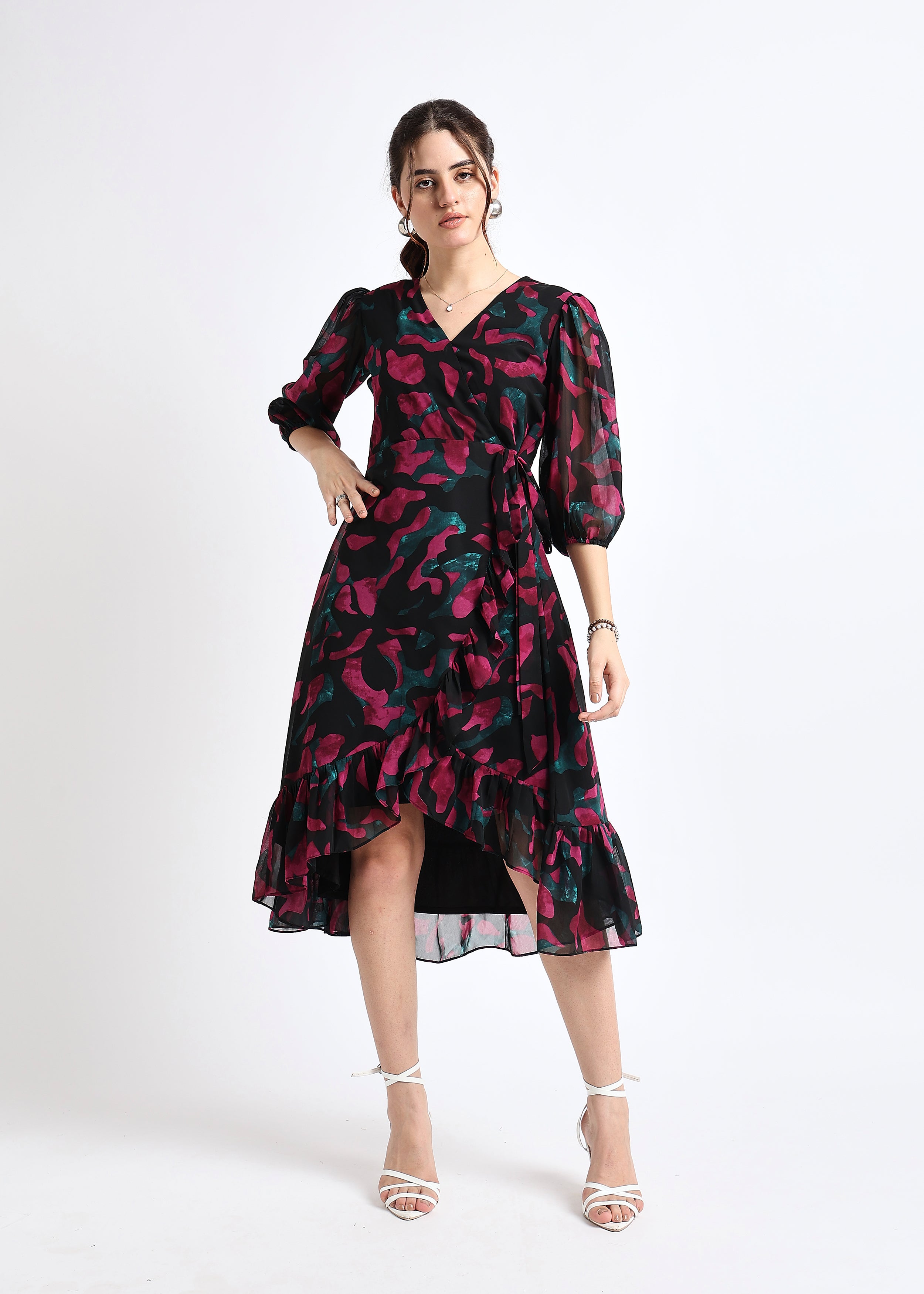 Black Abstract Print Georgette Wrap Dress