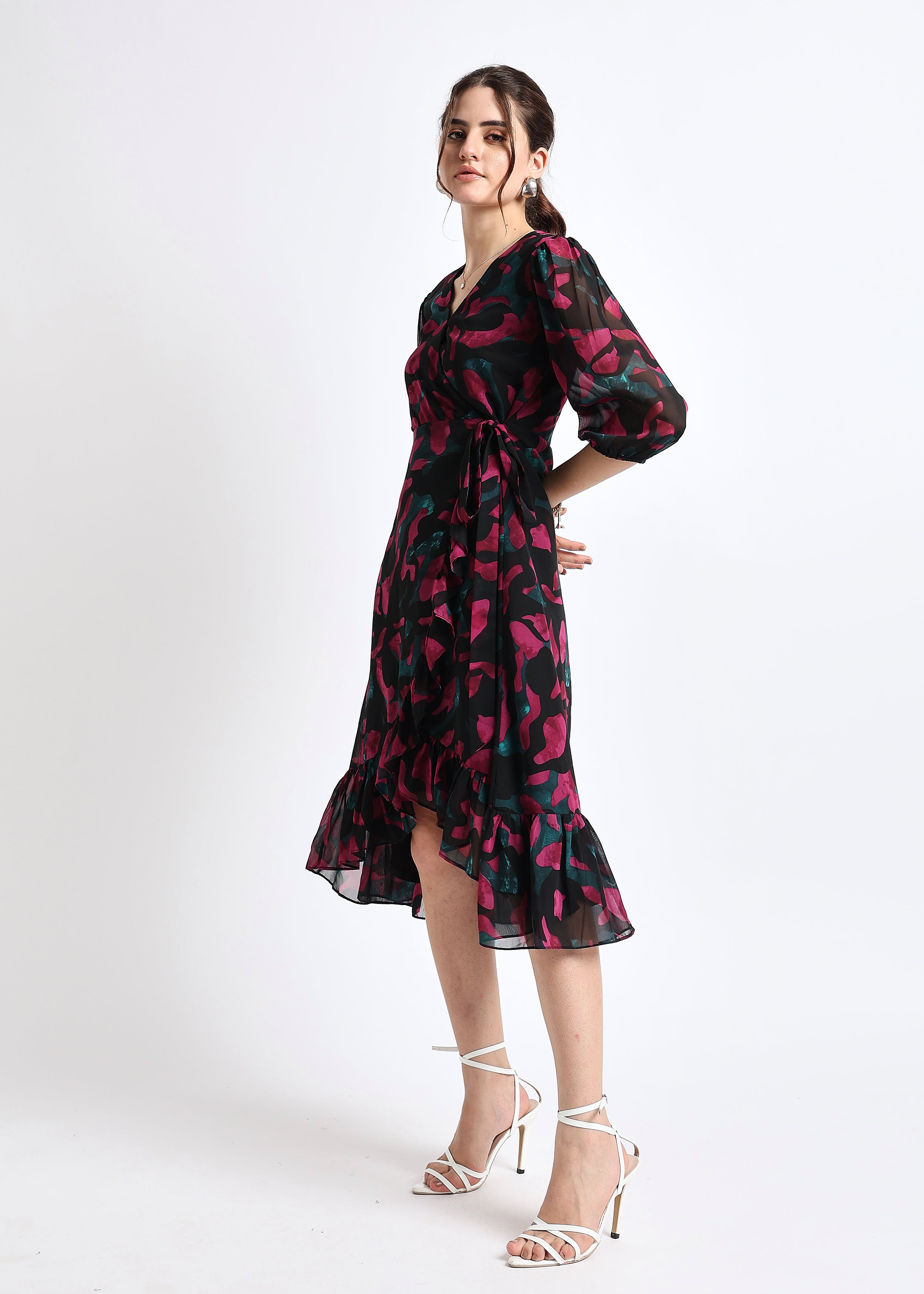 Black Abstract Print Georgette Wrap Dress