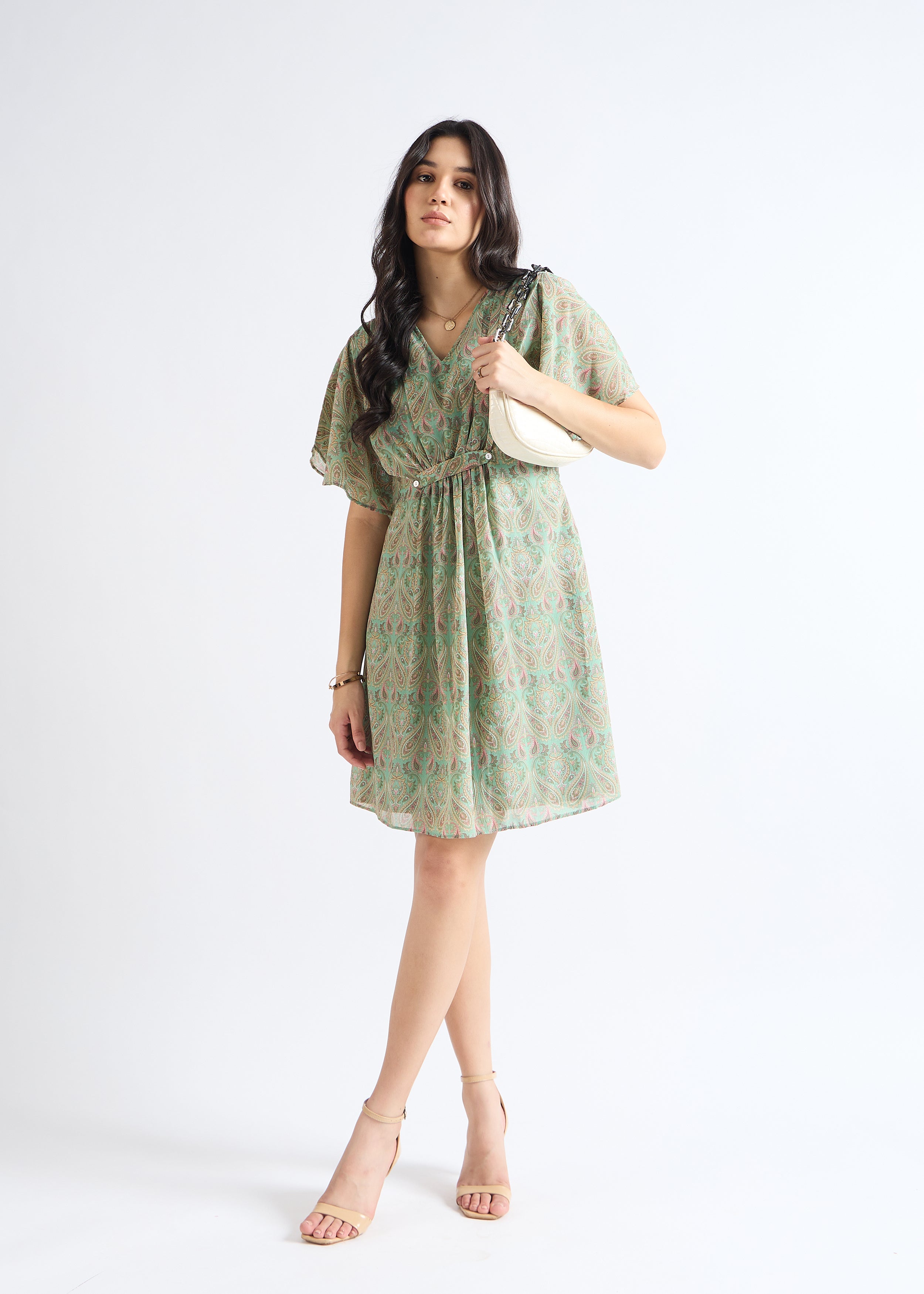 Pale Green Paisley Print Fit and Flare Dress