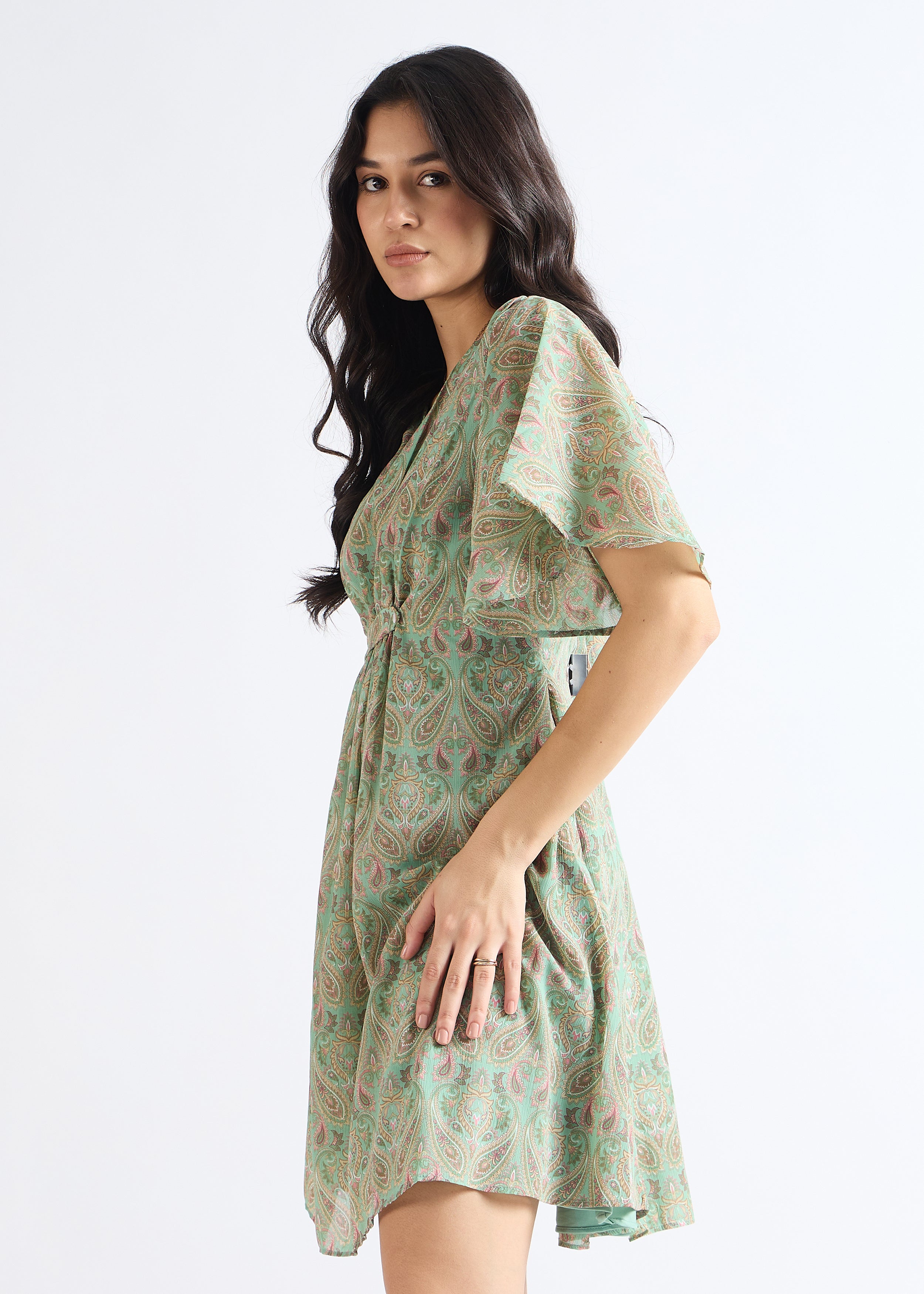 Pale Green Paisley Print Fit and Flare Dress