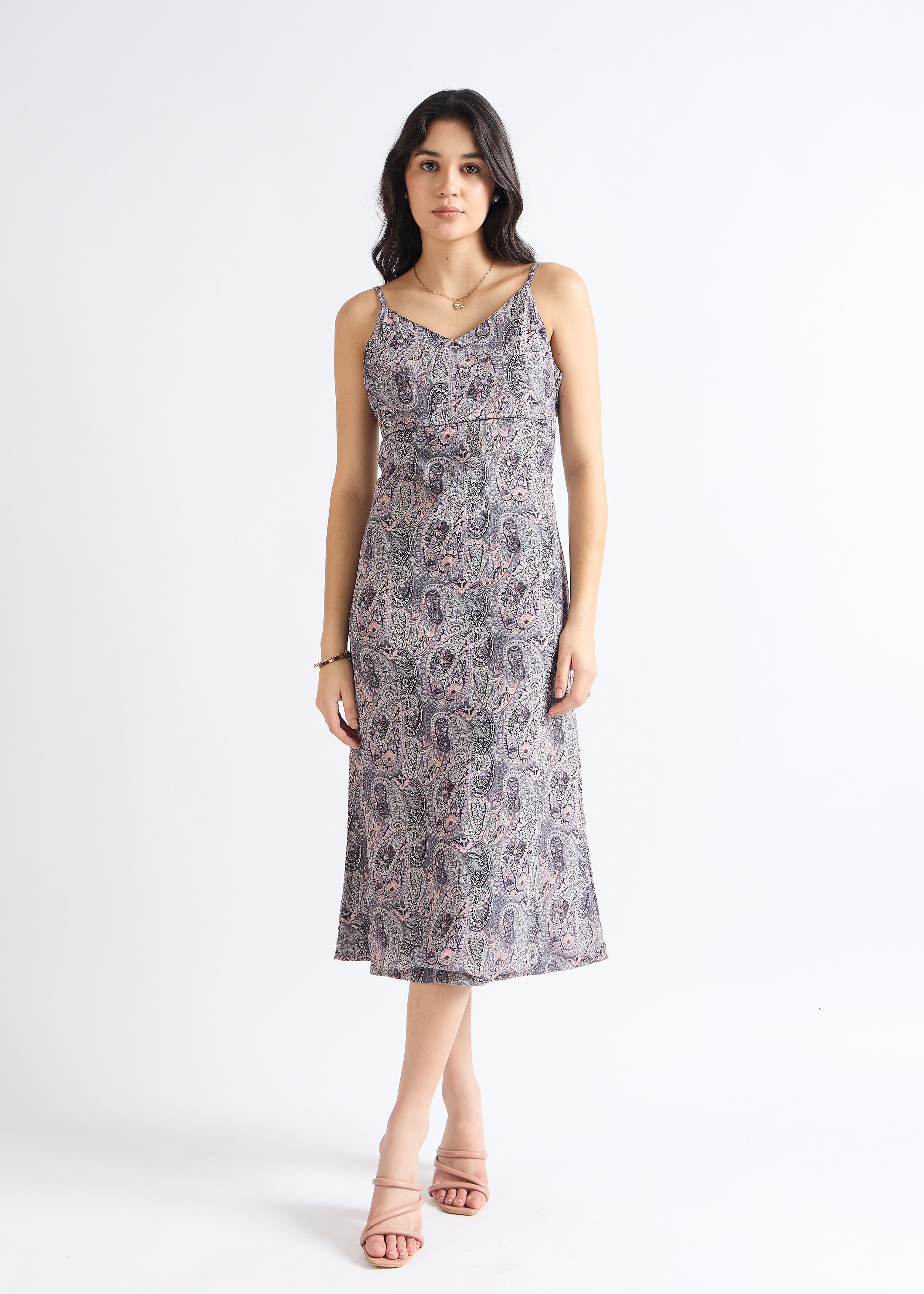 Lead Grey Chic Paisley Print A-Line Dress