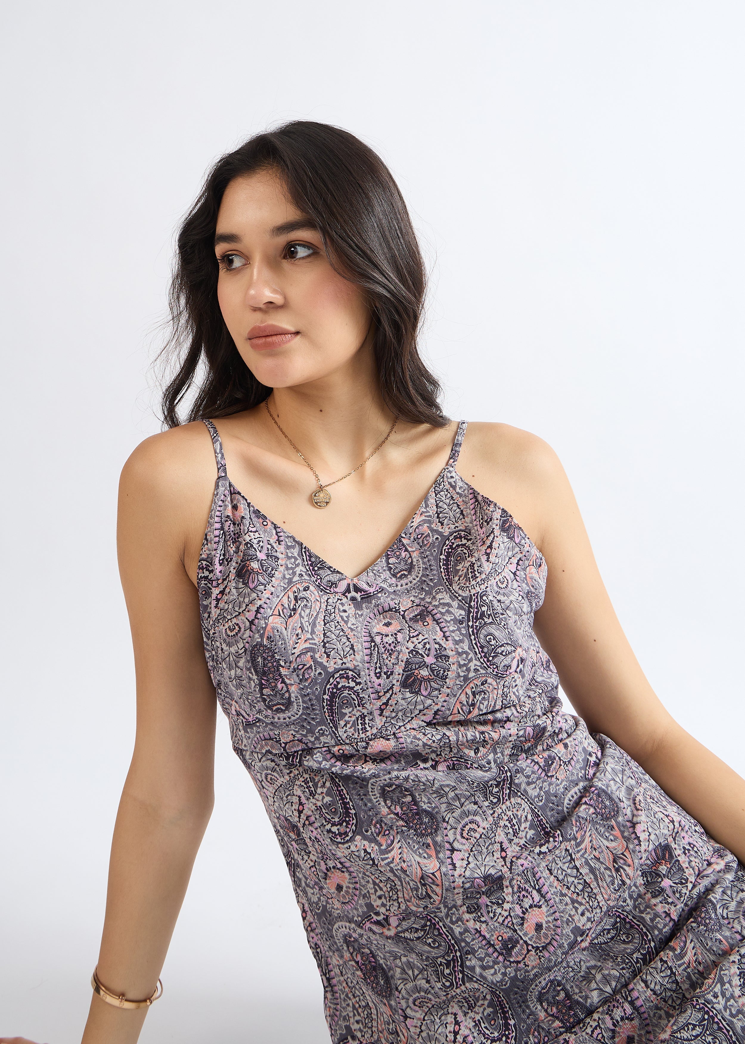 Lead Grey Chic Paisley Print A-Line Dress