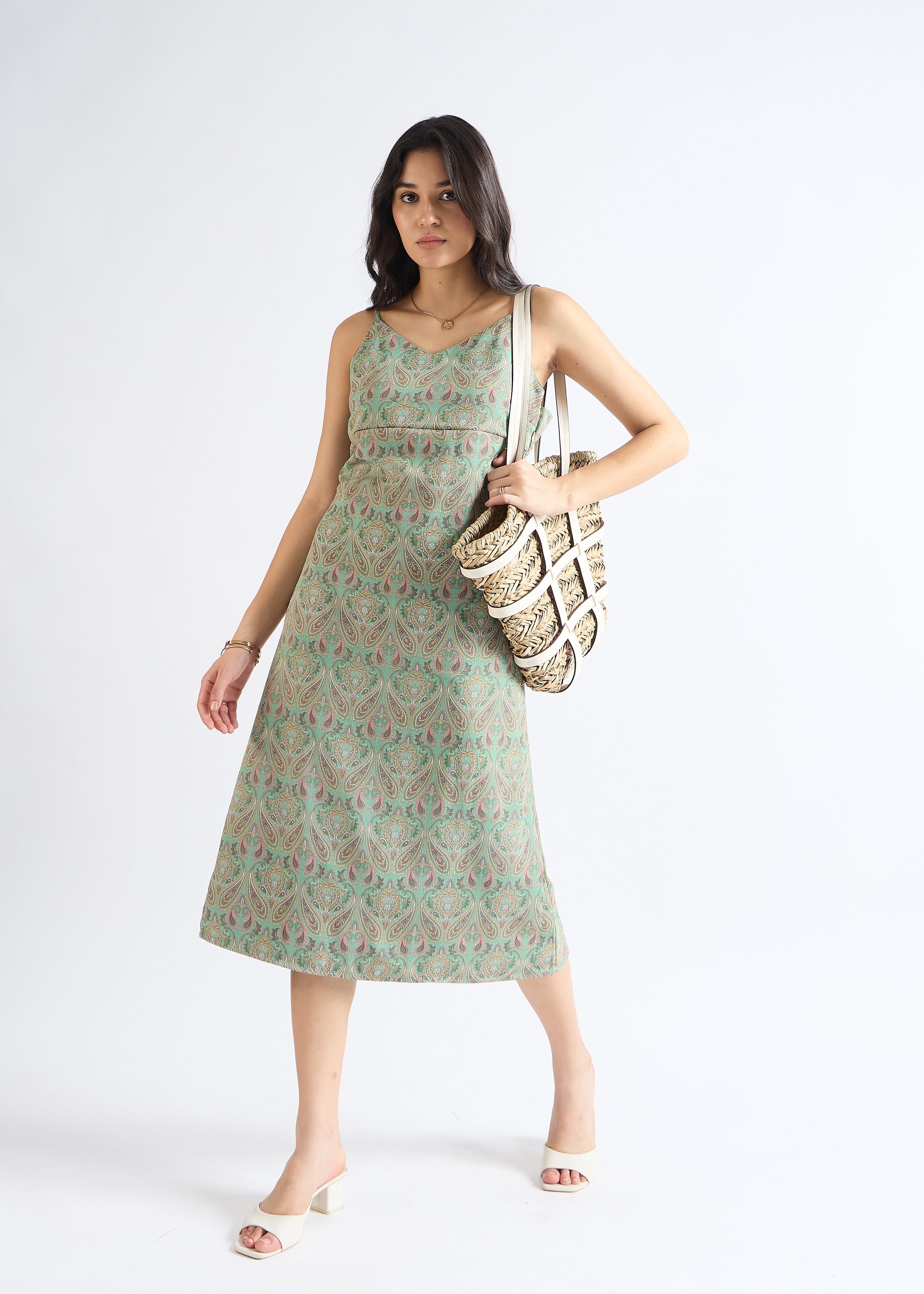 Pale Green Floral Fantasy Fit & Flare Midi Dress