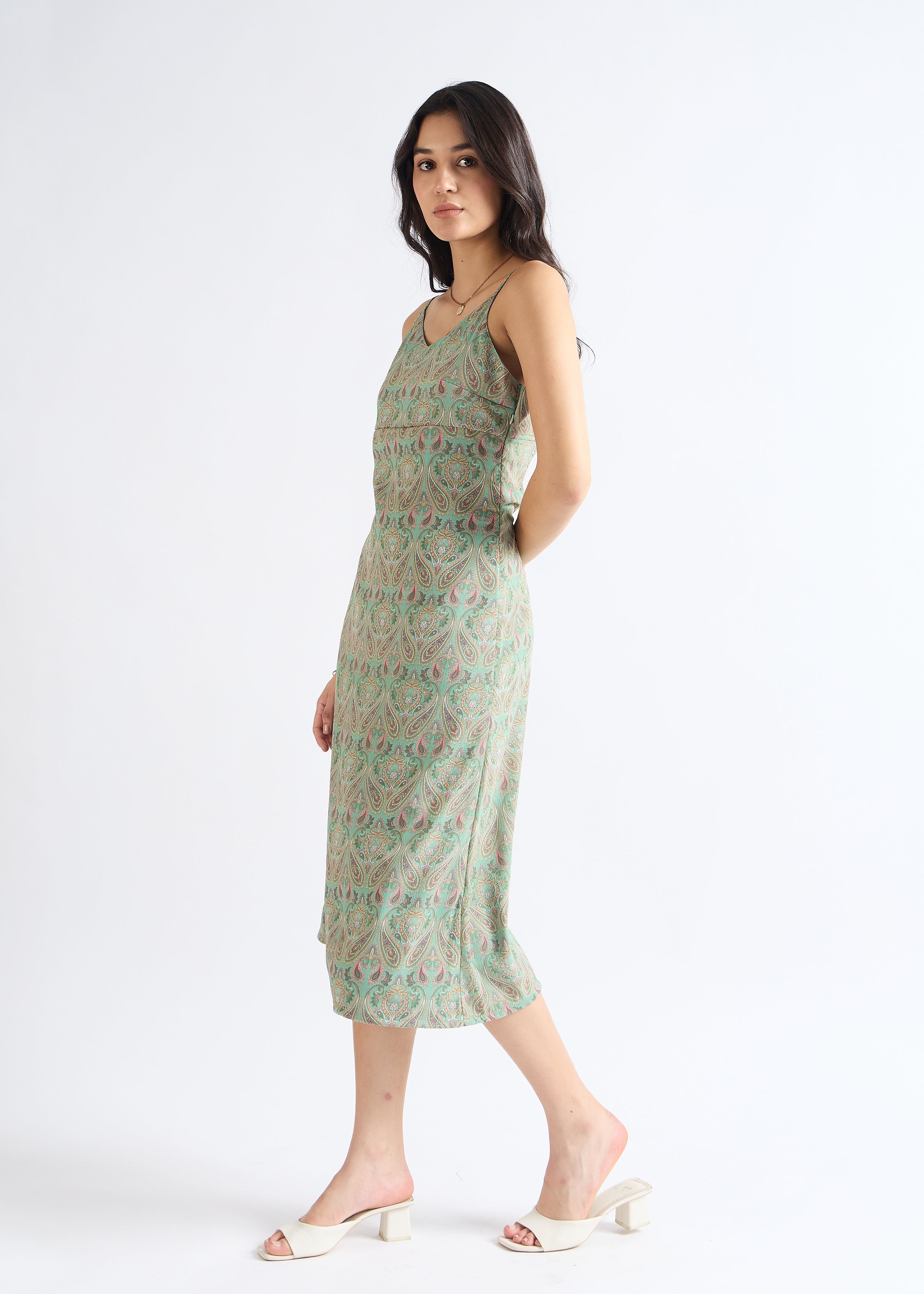 Pale Green Floral Fantasy Fit & Flare Midi Dress