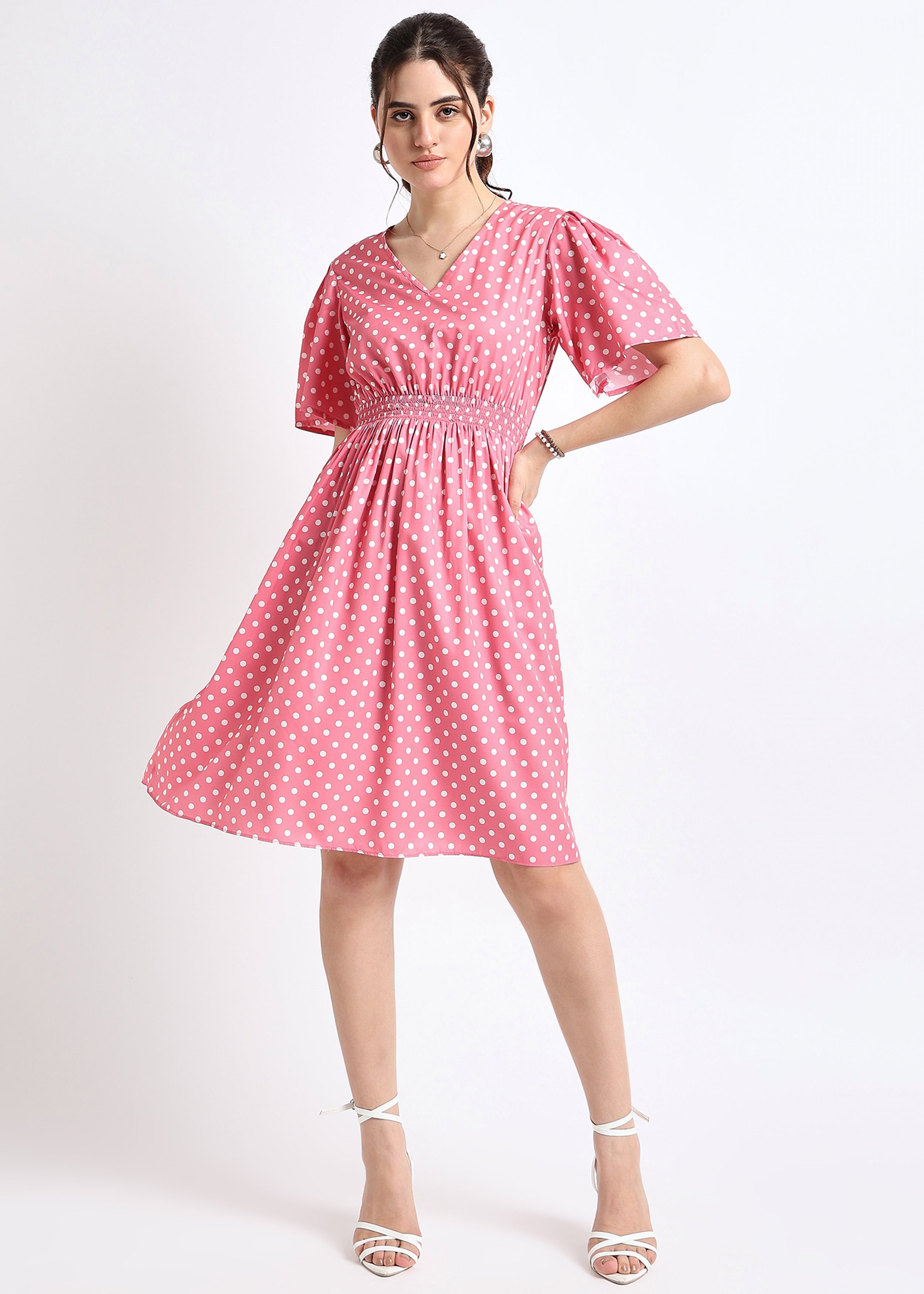 Pink Polka Dot Smocked Dress