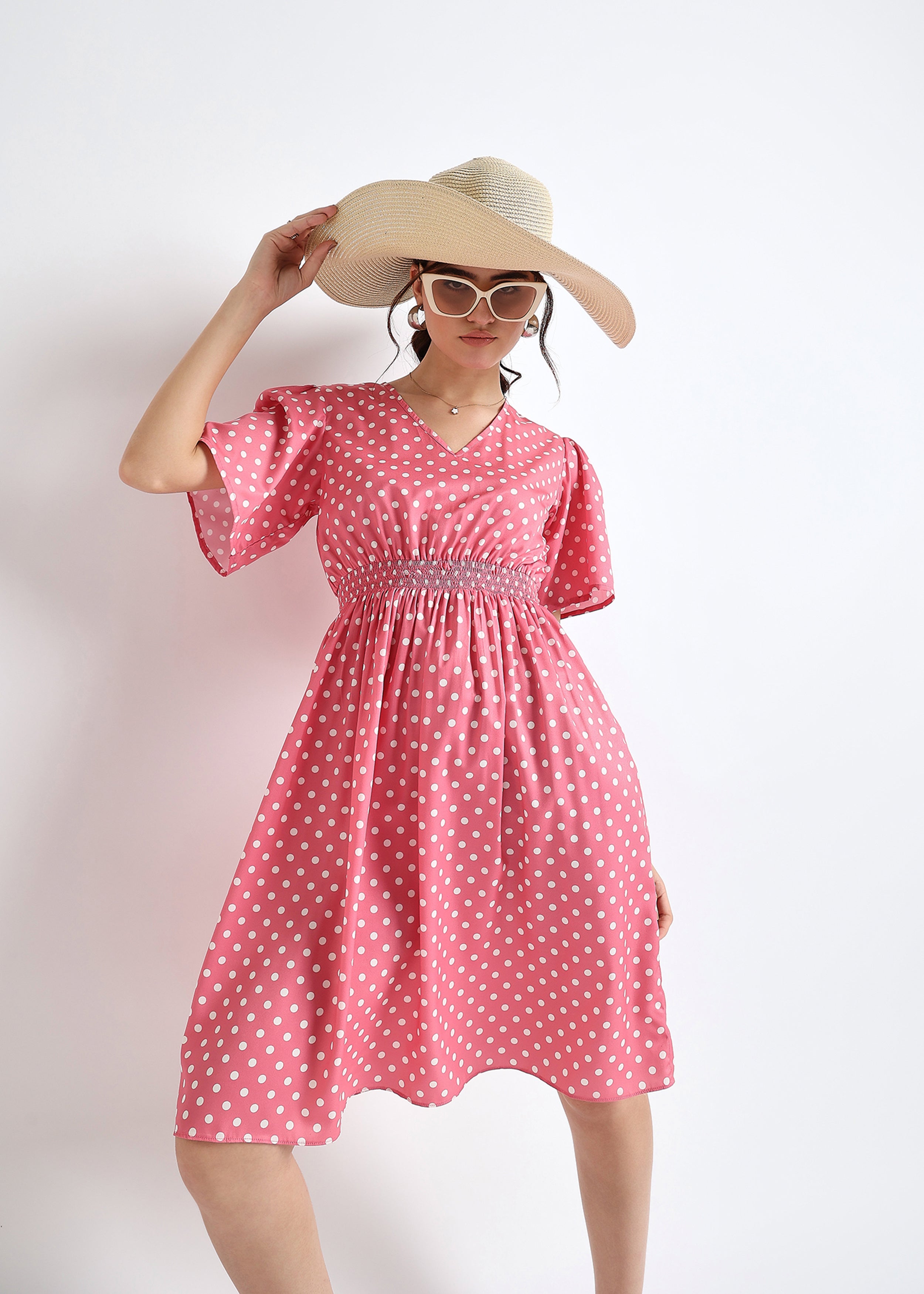 Pink Polka Dot Smocked Dress