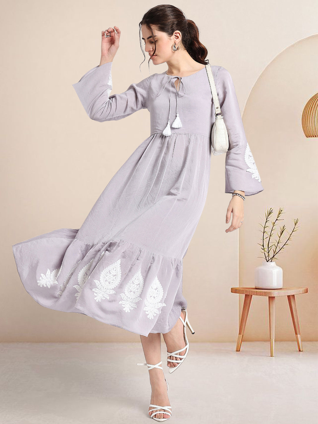 Grey Embroidered Tiered Midi Dress