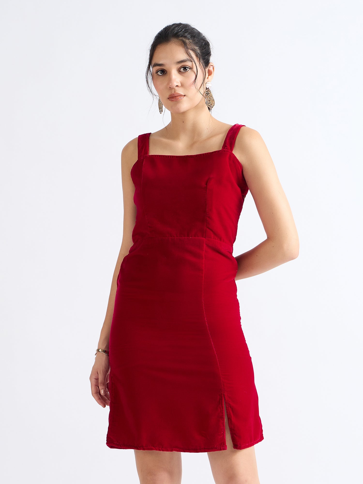 Red Wine Shoulder-Baring Fit & Flare Velvet Dress