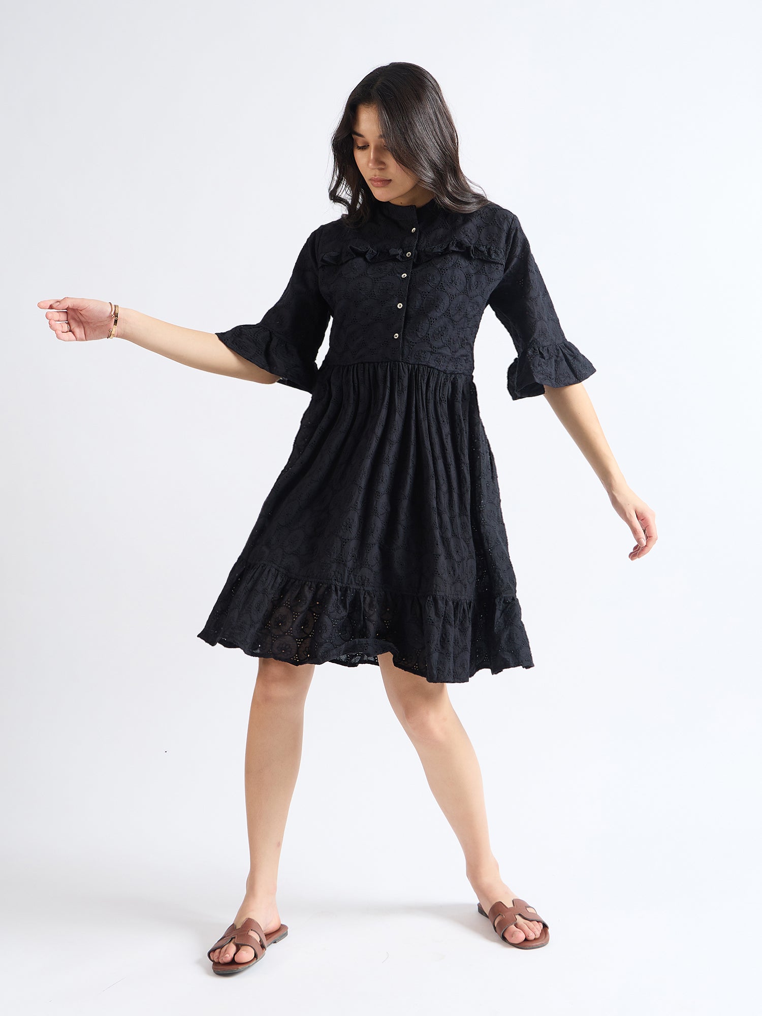 Night Black Cotton Mandarin Collar Dress