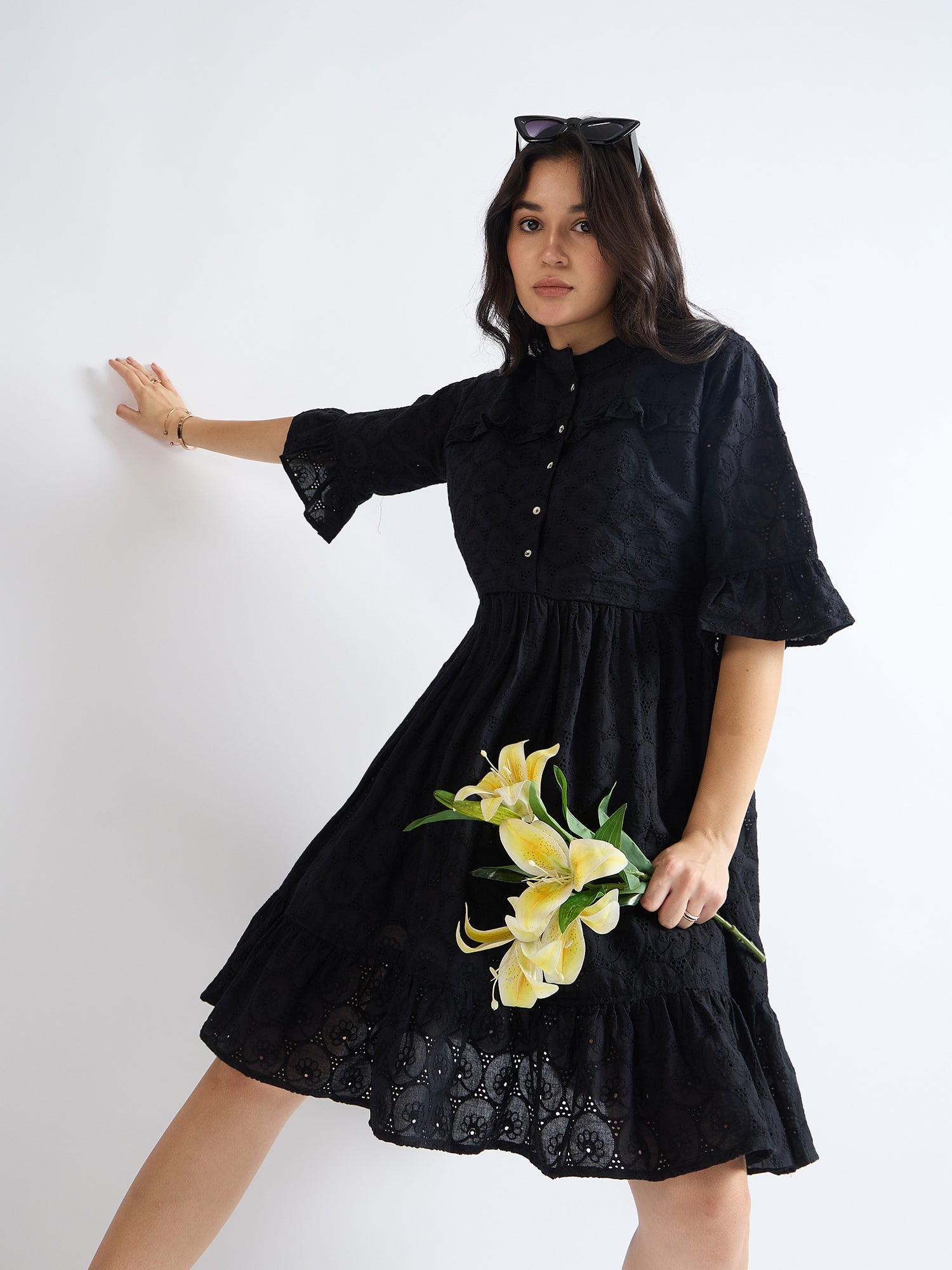 Night Black Cotton Mandarin Collar Dress