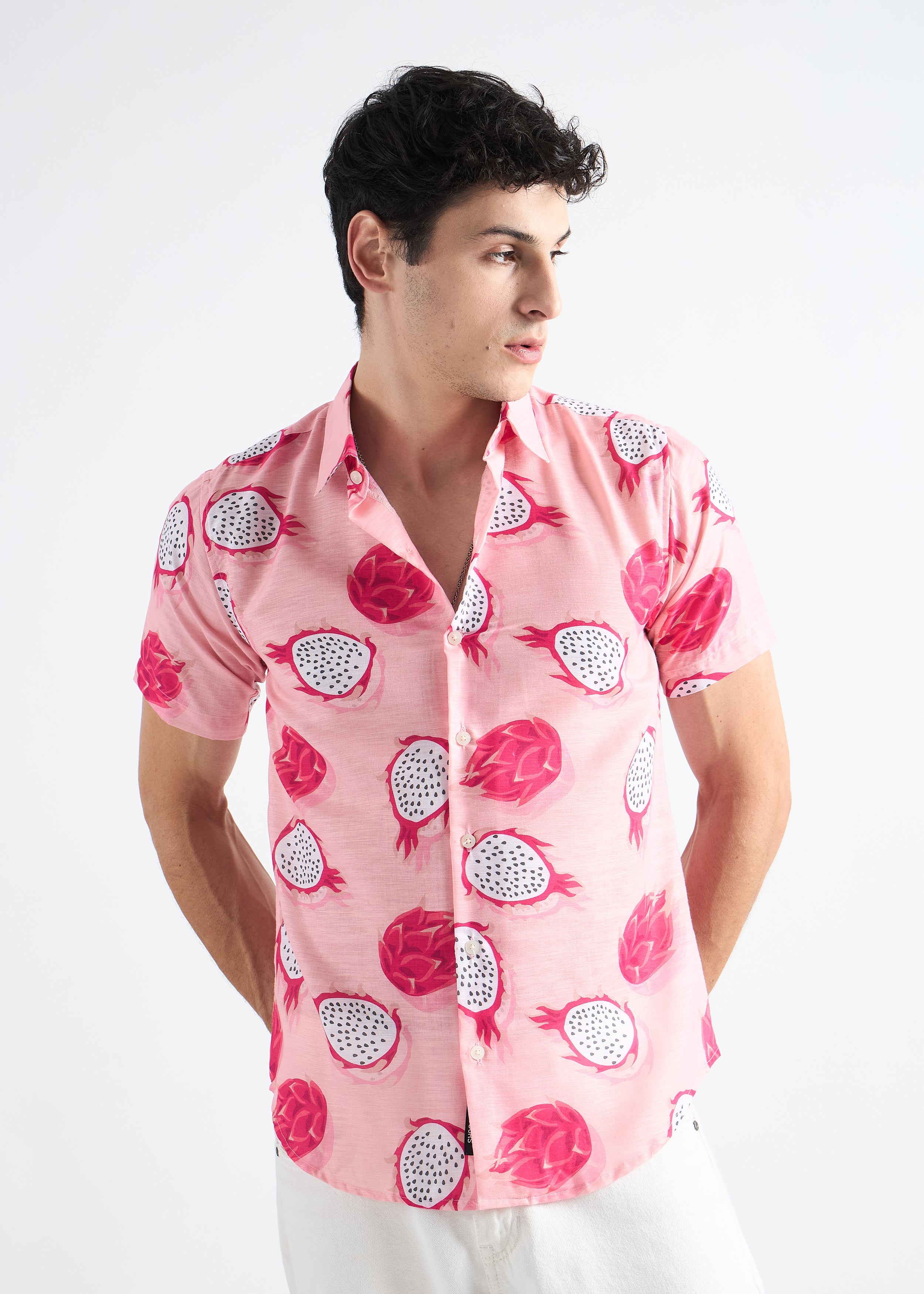 Dragon Pink Printed Linen Blend Shirt