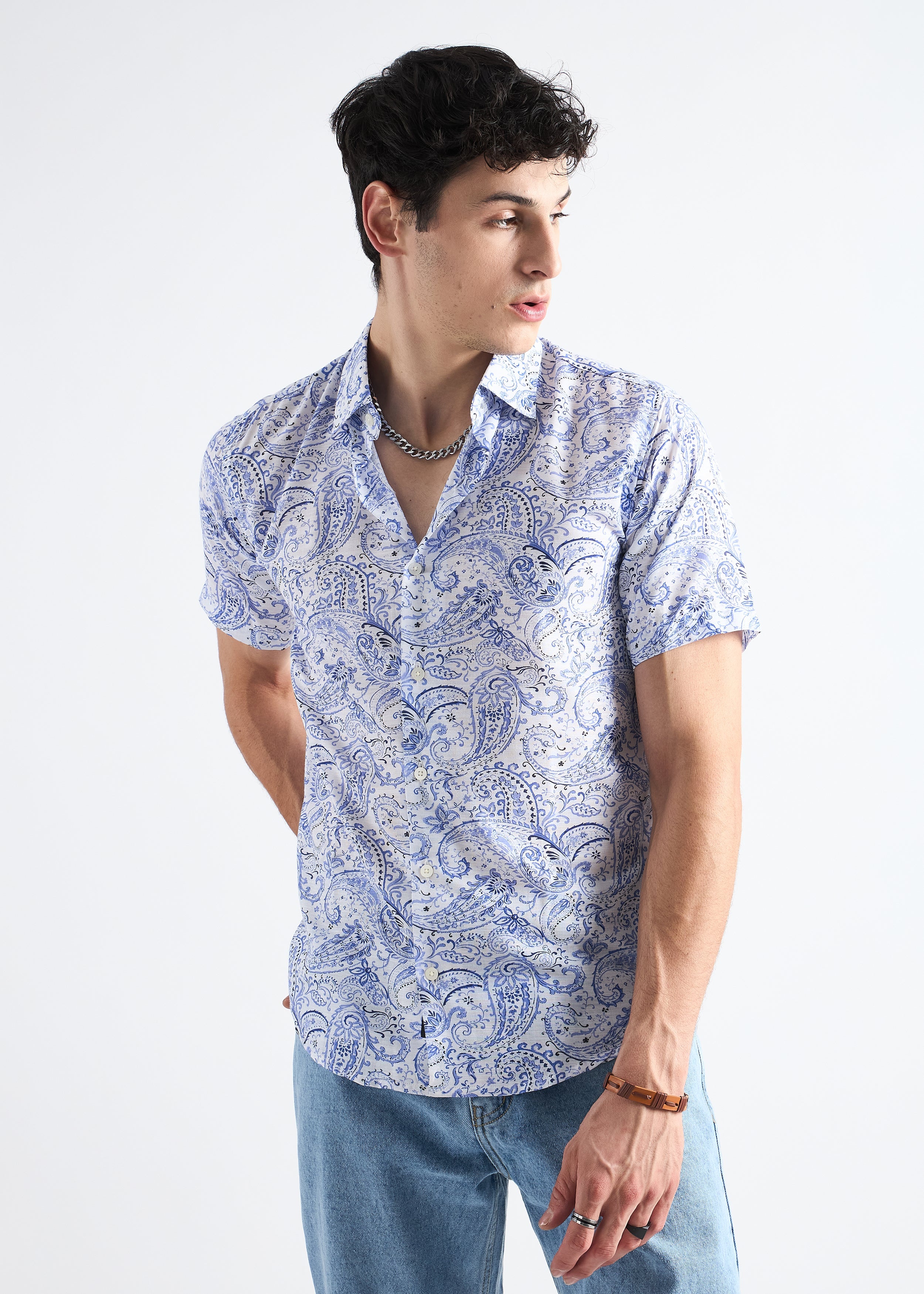 White  Paisley Linen blend Shirt