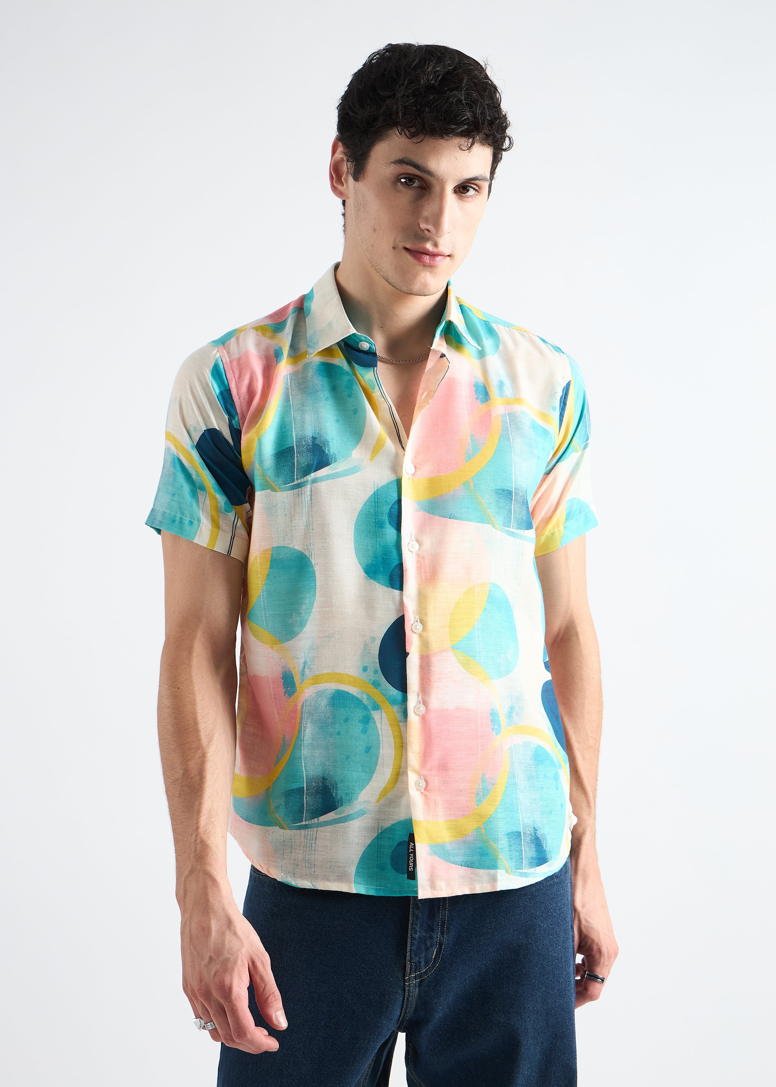 Peachy Aqua Haze Abstract Linen Blend Shirt