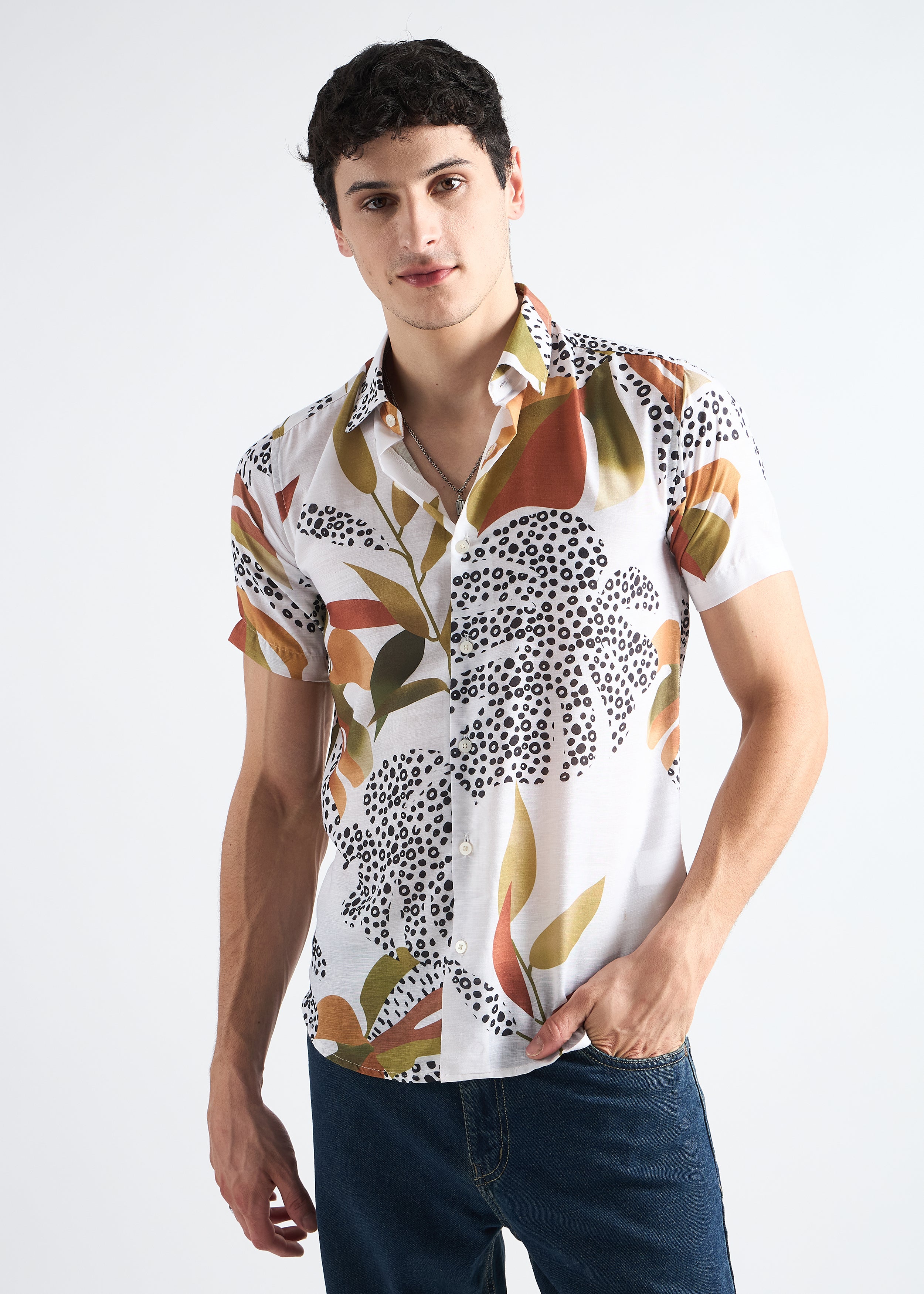 White Printed Linen Blend Shirt