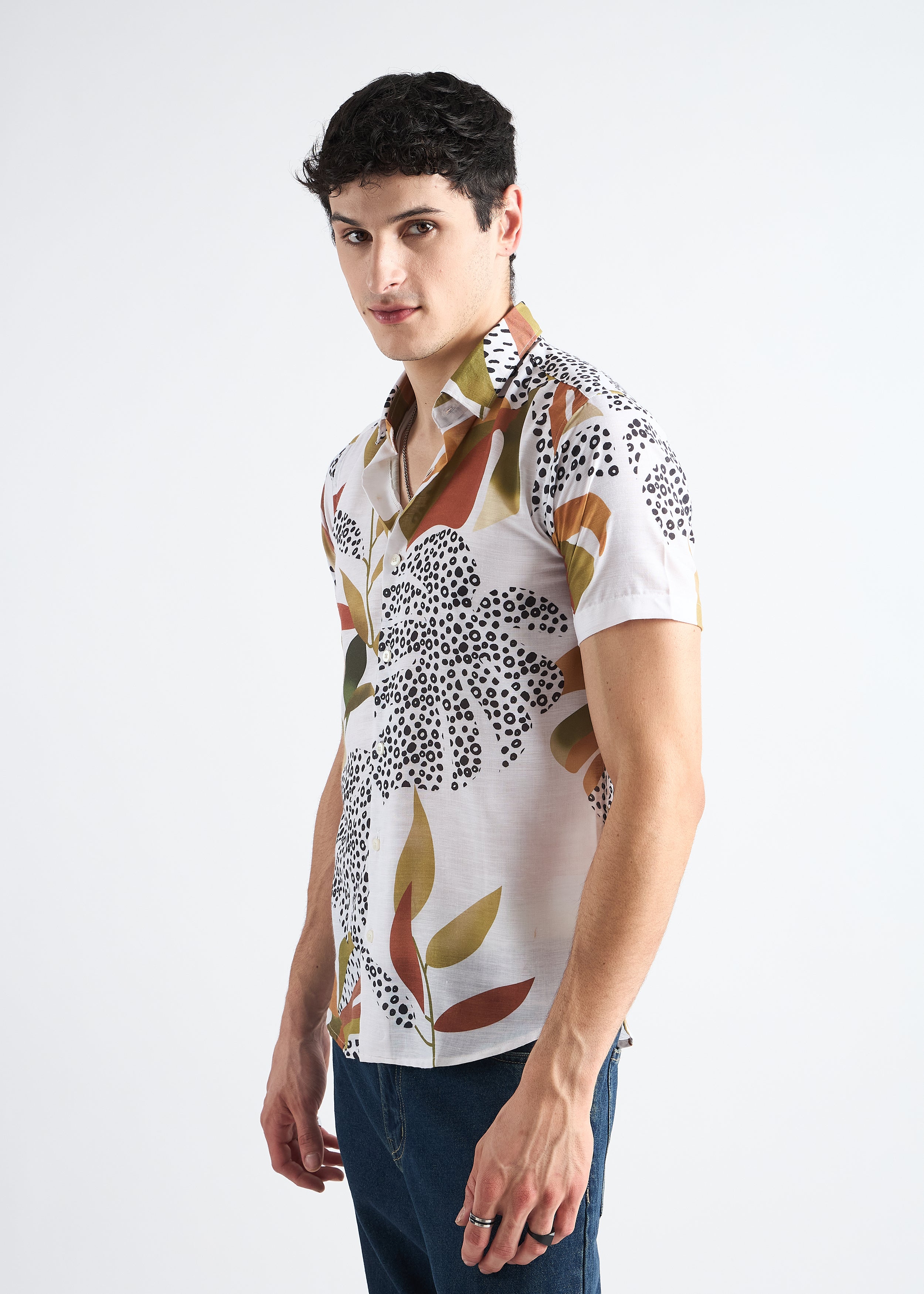 White Printed Linen Blend Shirt